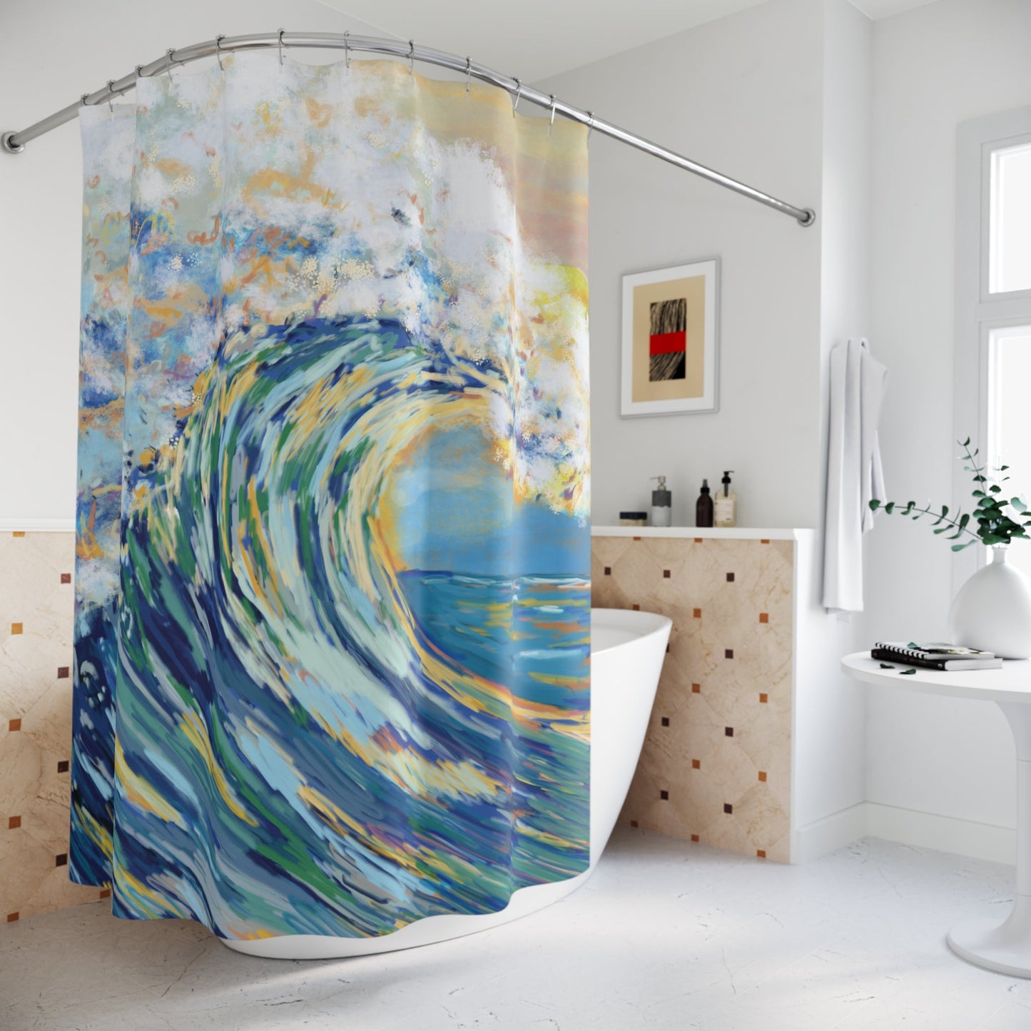 Ocean Wave Shower Curtain – Colorful Coastal Bathroom Decor - Blue Cava