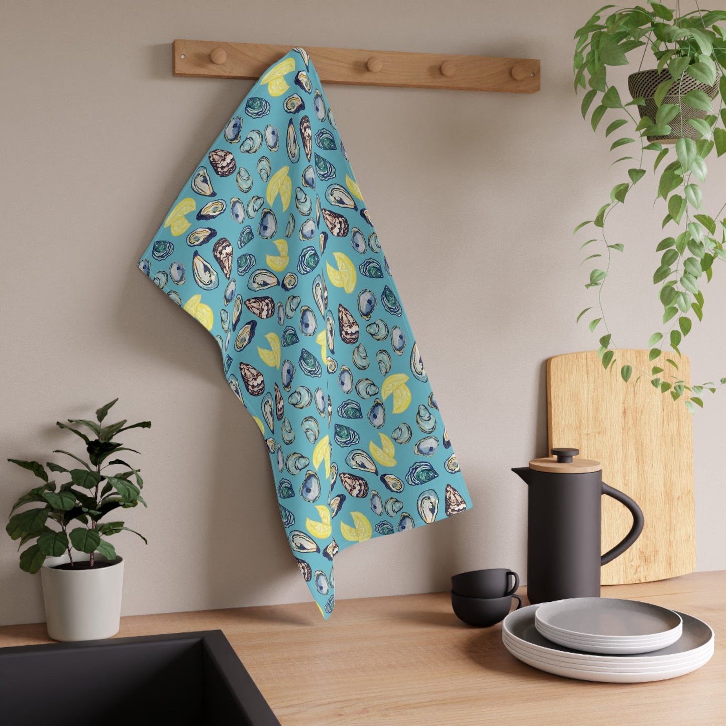 Oyster And Lemons Tea Towels | Coastal Kitchen Decor - Blue Cava