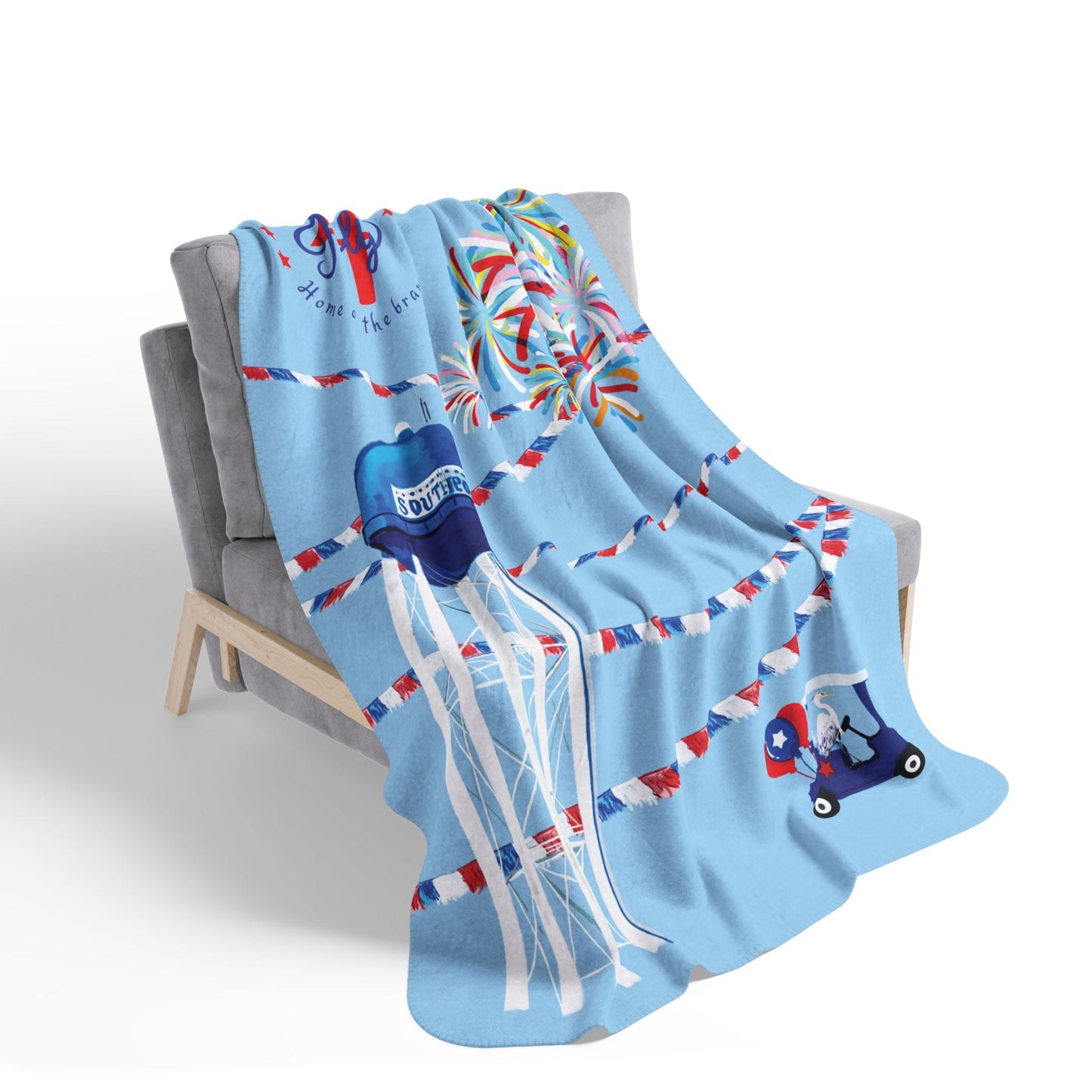 Patriotic Southport Fleece Sherpa Blanket - Perfect for 4th of July - Blue Cava