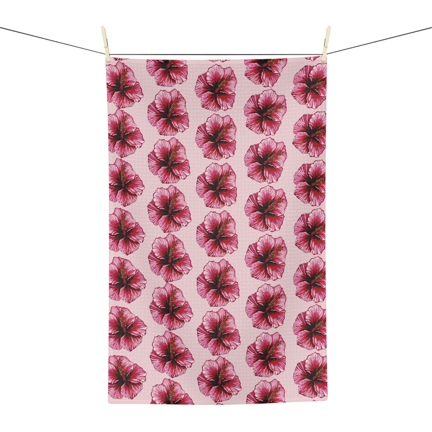 Pink Floral Hibiscus Microfiber Waffle Kitchen Towel - Blue Cava