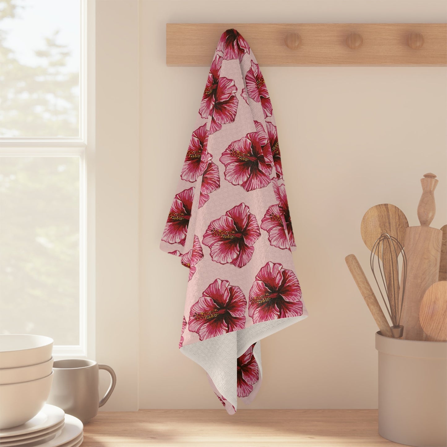 Pink Floral Hibiscus Microfiber Waffle Kitchen Towel - Blue Cava