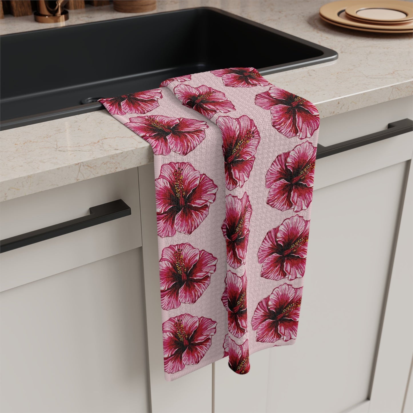 Pink Floral Hibiscus Microfiber Waffle Kitchen Towel - Blue Cava