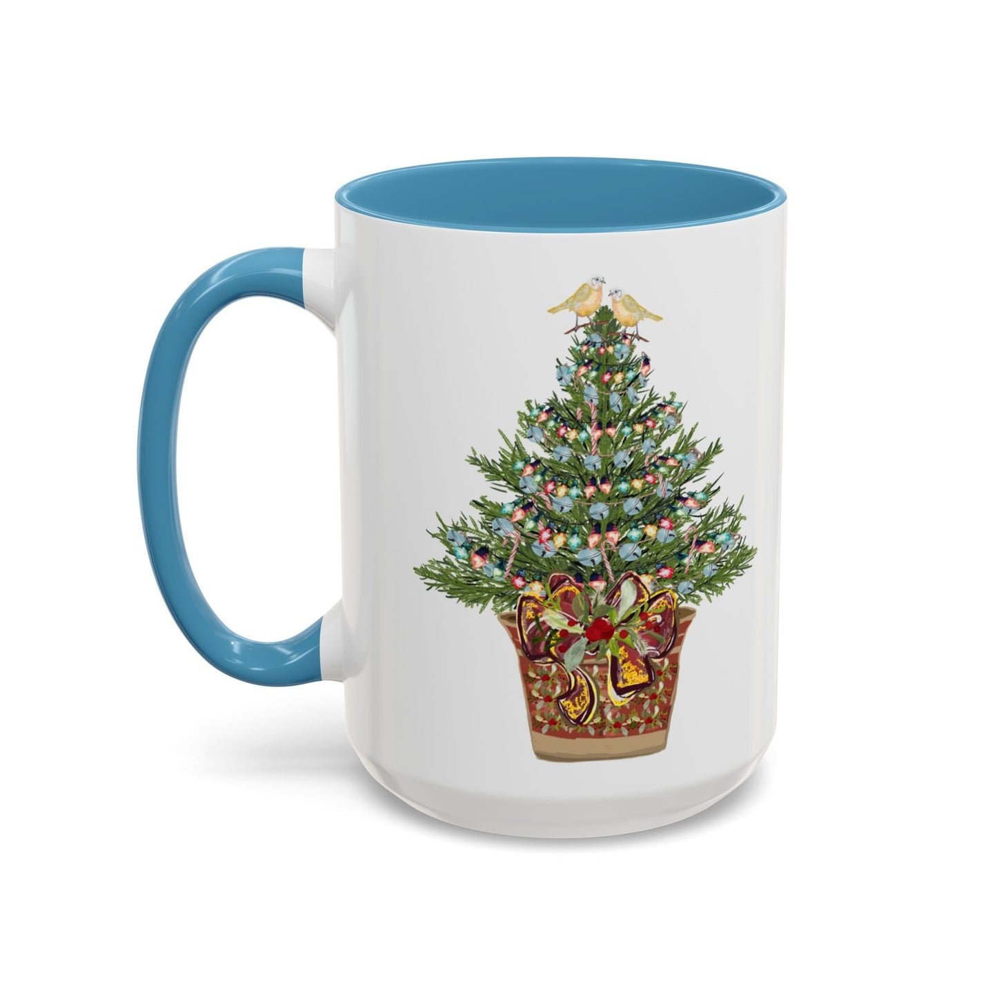 Potted Christmas Tree Two Tone Ceramic Mug, Holiday Coffee Cup, Festive Drinkware - Blue Cava