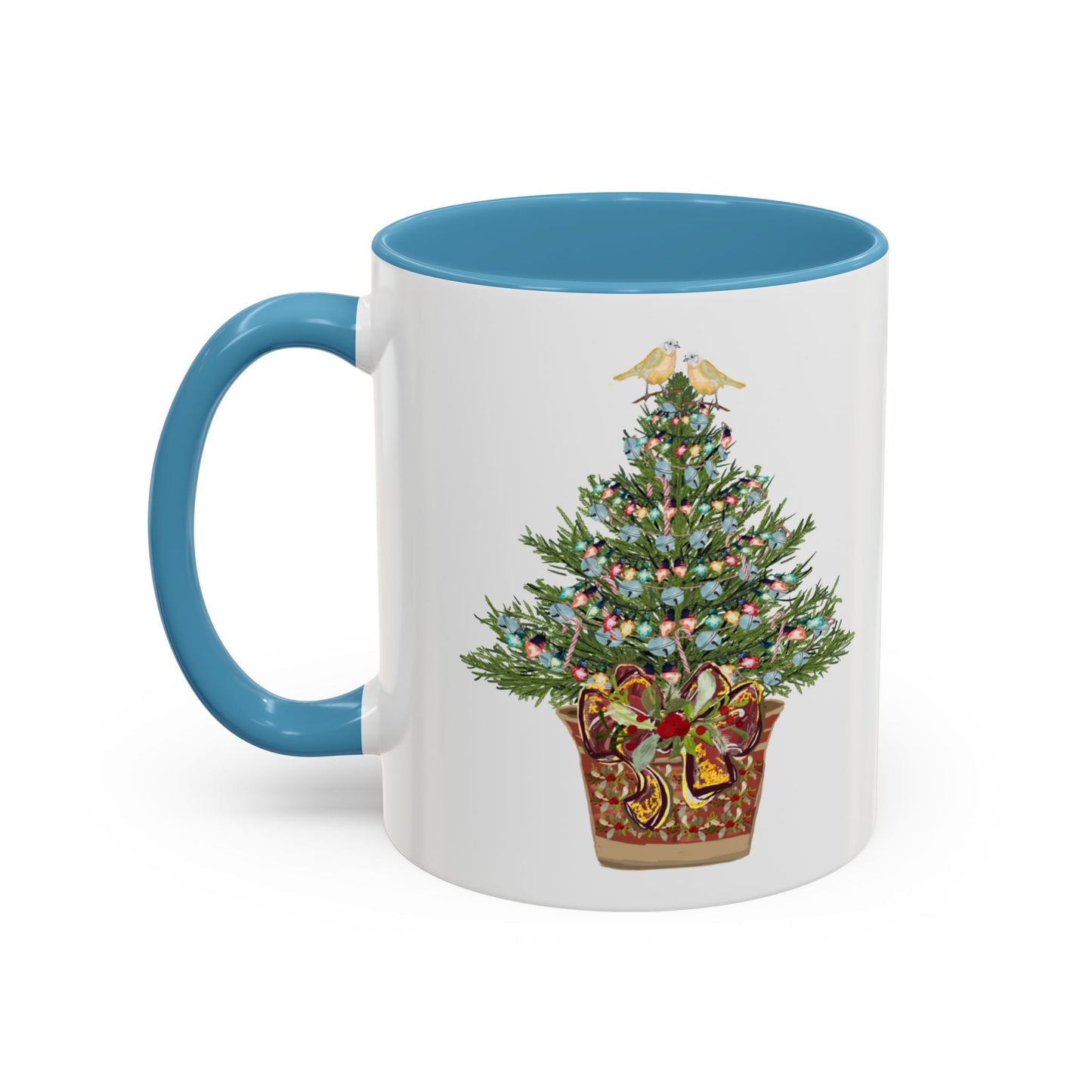 Potted Christmas Tree Two Tone Ceramic Mug, Holiday Coffee Cup, Festive Drinkware - Blue Cava