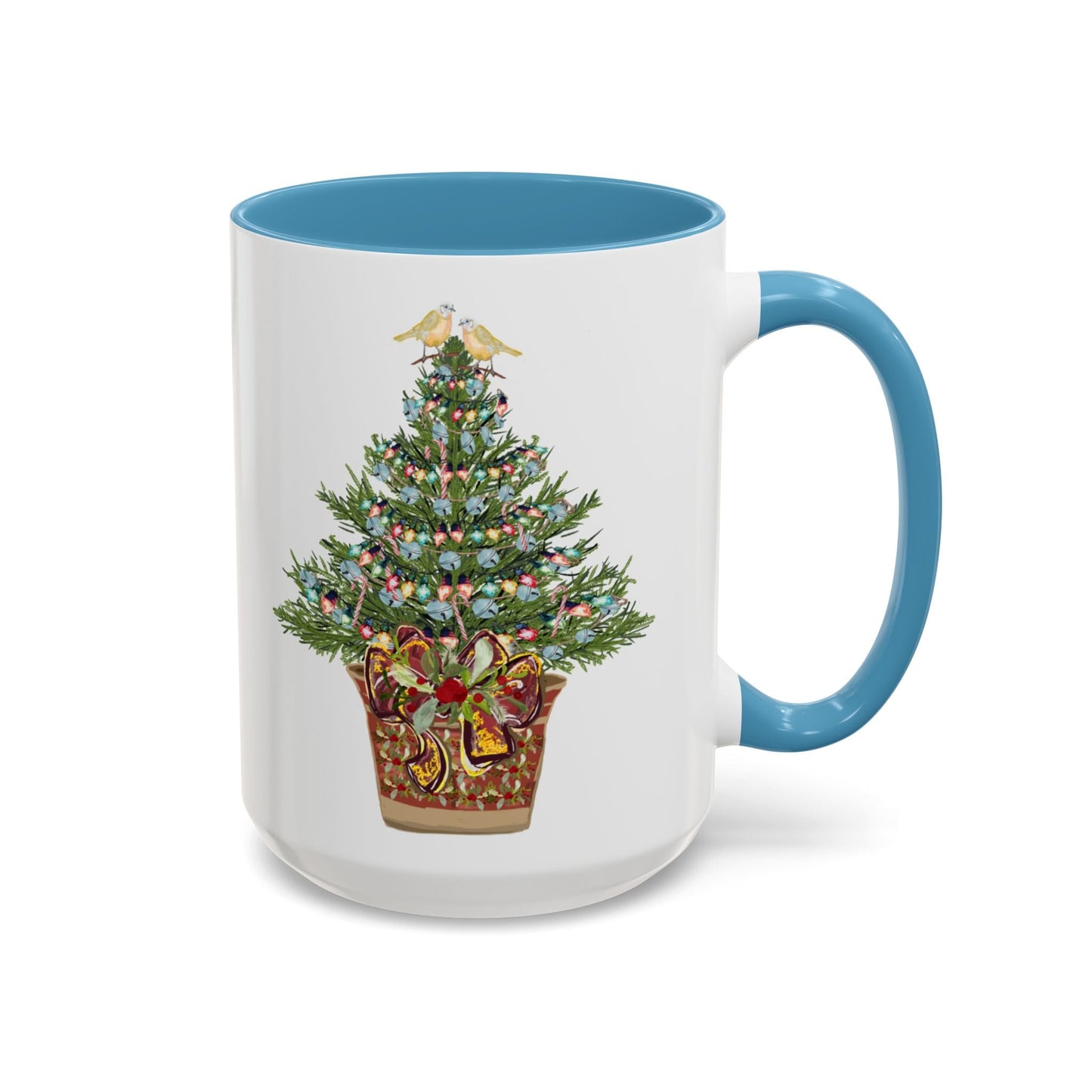 Potted Christmas Tree Two Tone Ceramic Mug, Holiday Coffee Cup, Festive Drinkware - Blue Cava