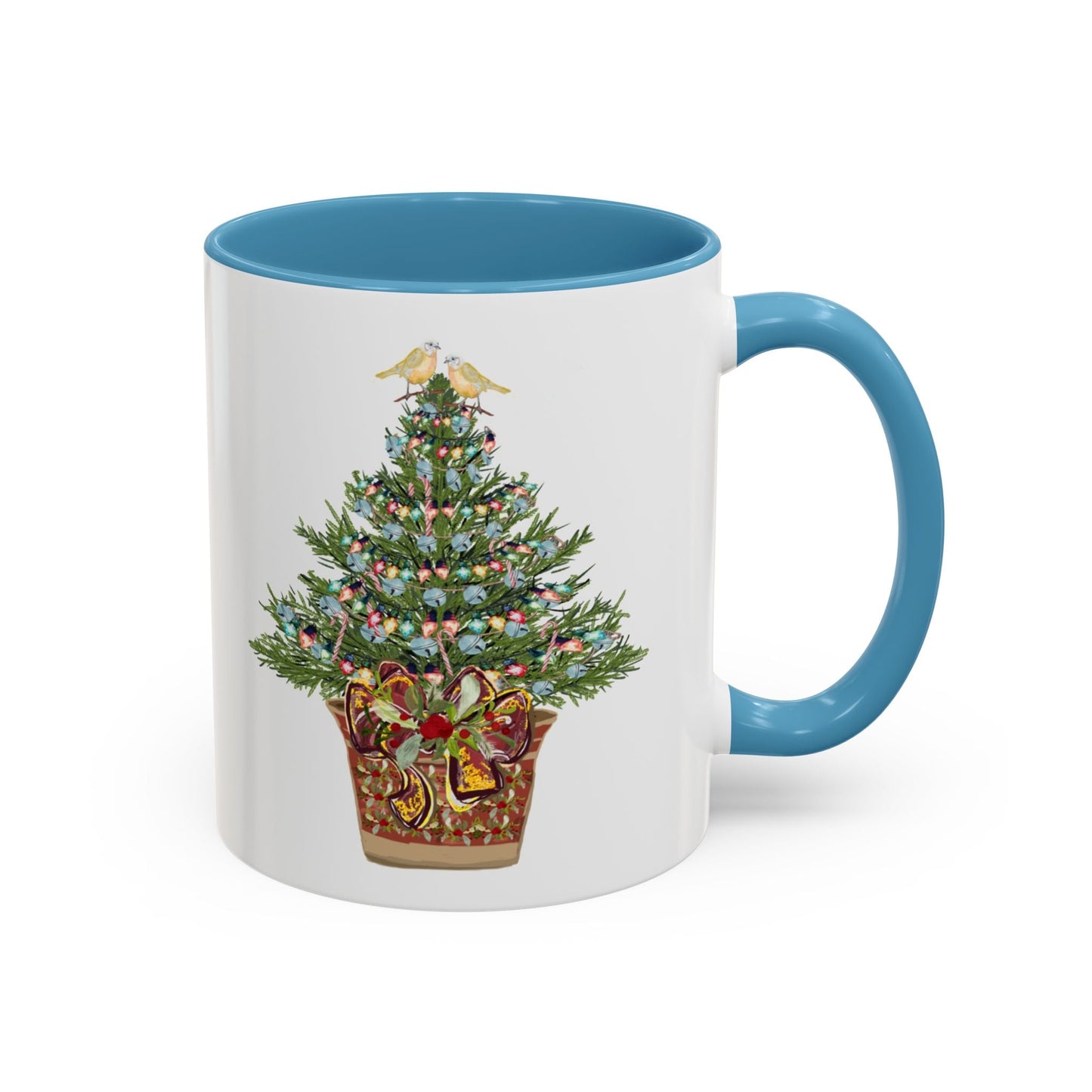 Potted Christmas Tree Two Tone Ceramic Mug, Holiday Coffee Cup, Festive Drinkware - Blue Cava