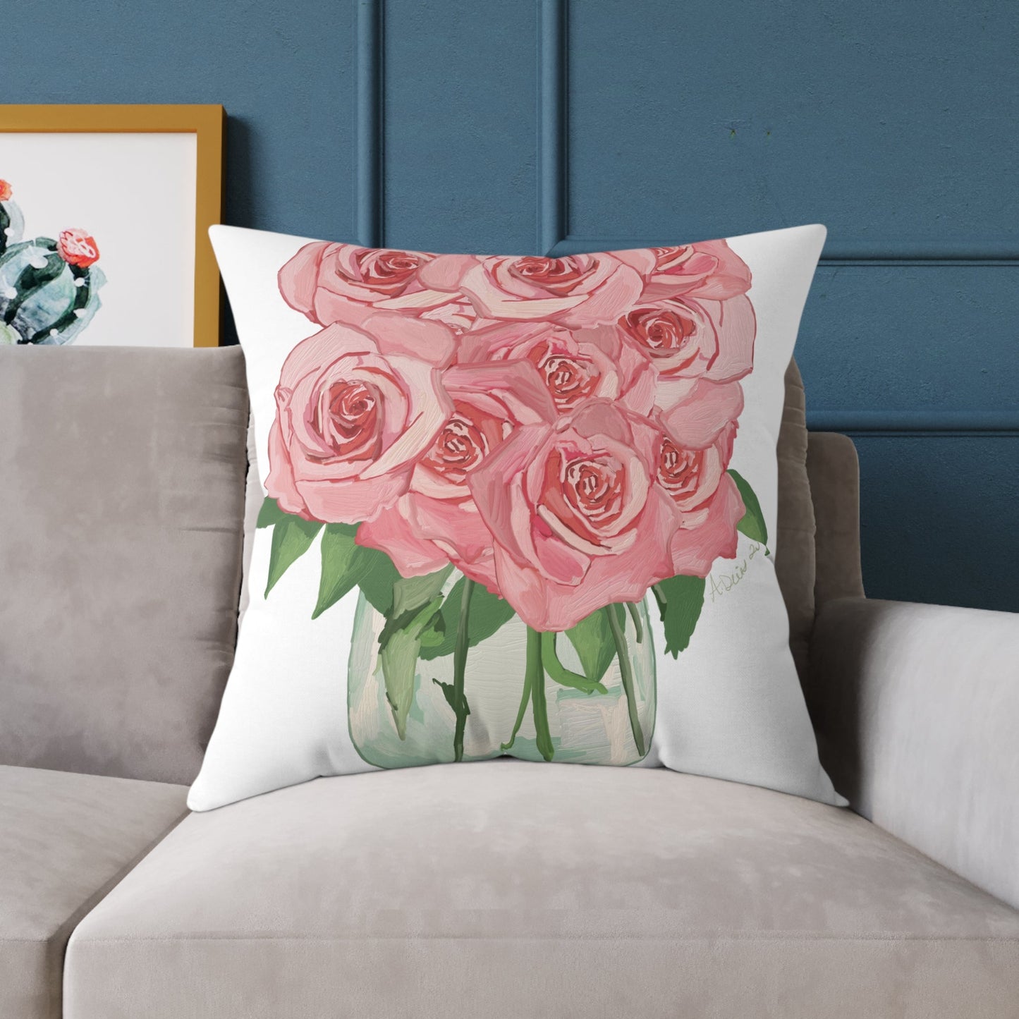 Romantic Pink Rose Square Pillow - Floral Decor for Home & Special Occasions - Blue Cava