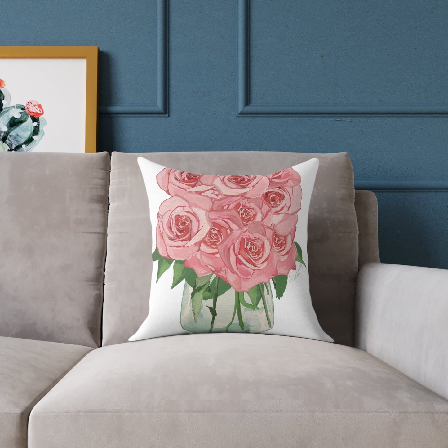 Romantic Pink Rose Square Pillow - Floral Decor for Home & Special Occasions - Blue Cava
