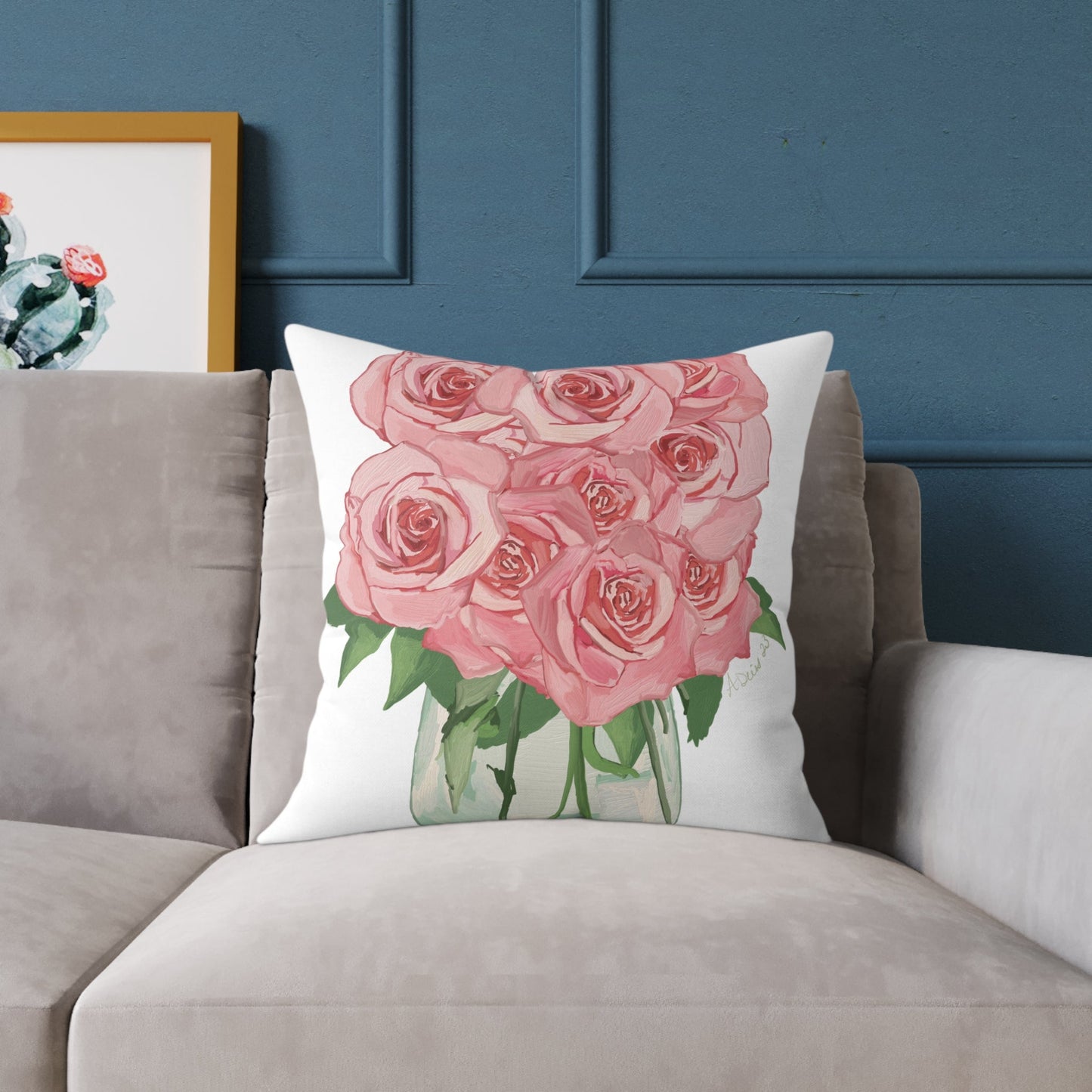 Romantic Pink Rose Square Pillow - Floral Decor for Home & Special Occasions - Blue Cava