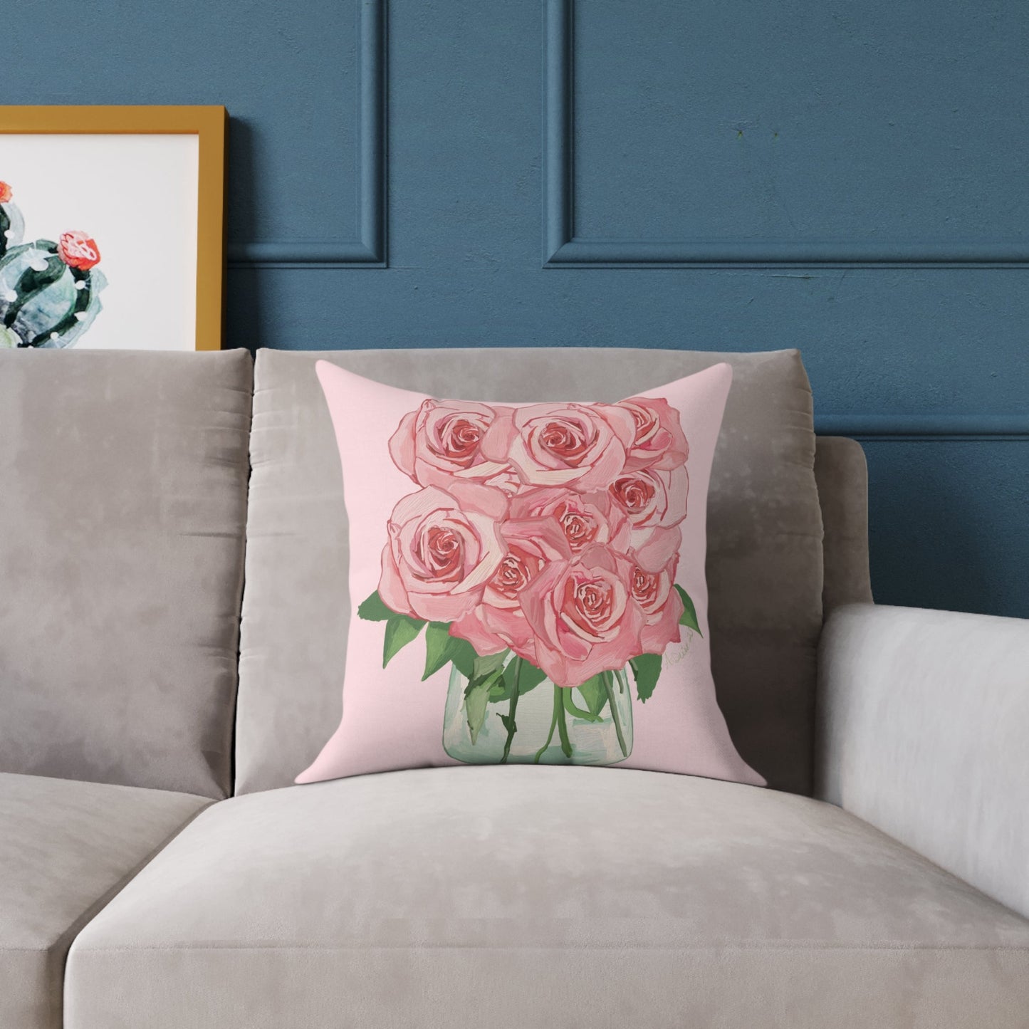 Romantic Pink Roses Square Pillow - Floral Decor for Home & Special Occasions - Blue Cava