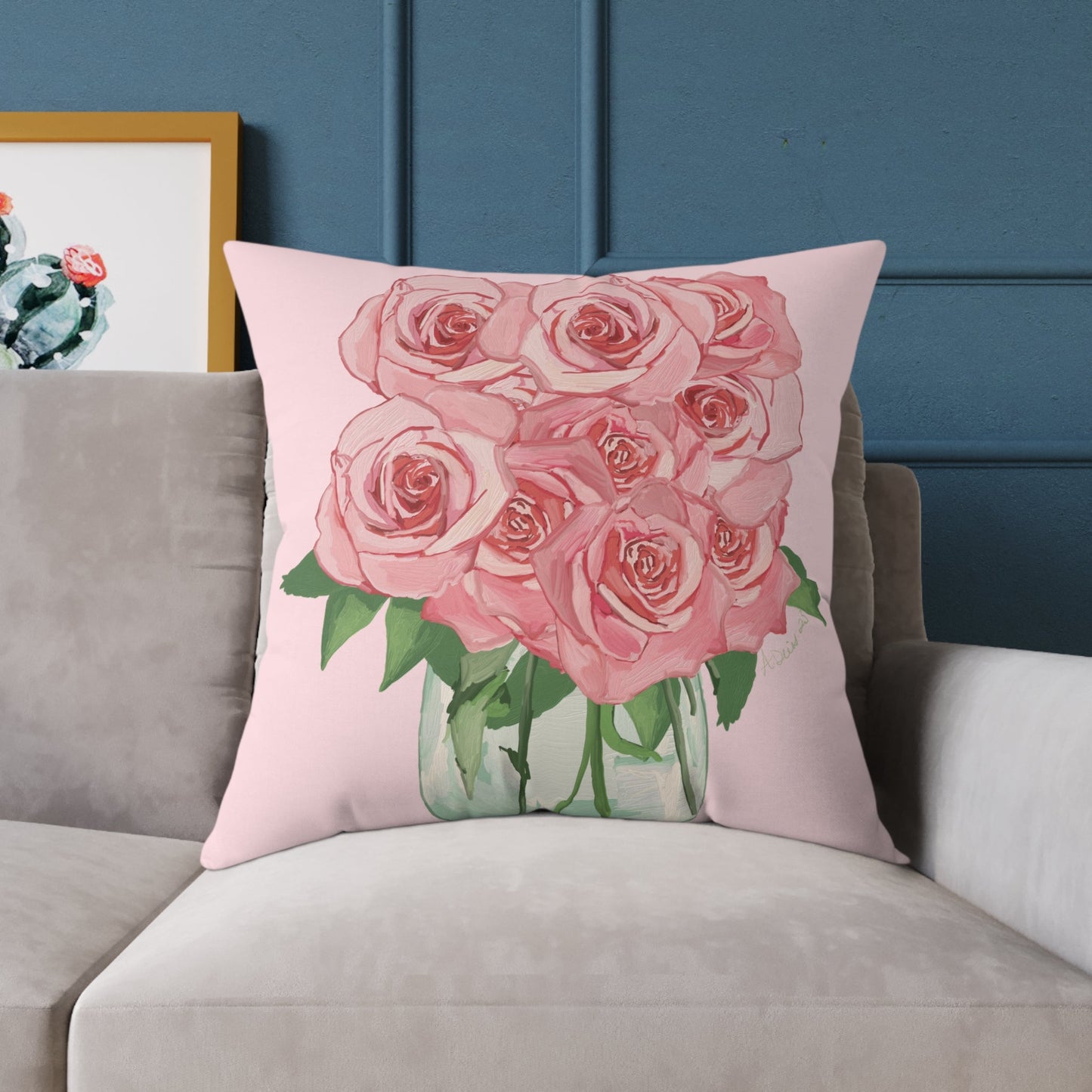 Romantic Pink Roses Square Pillow - Floral Decor for Home & Special Occasions - Blue Cava