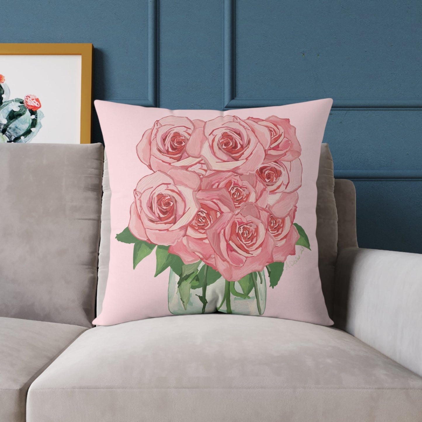 Romantic Pink Roses Square Pillow - Floral Decor for Home & Special Occasions - Blue Cava