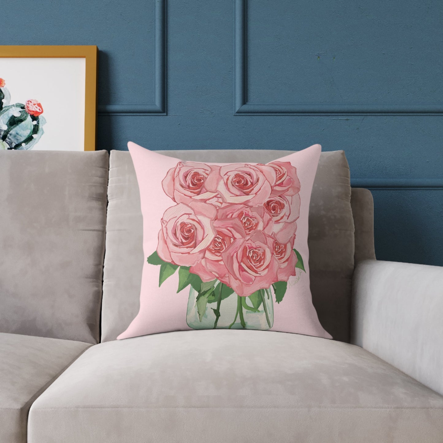 Romantic Pink Roses Square Pillow - Floral Decor for Home & Special Occasions - Blue Cava