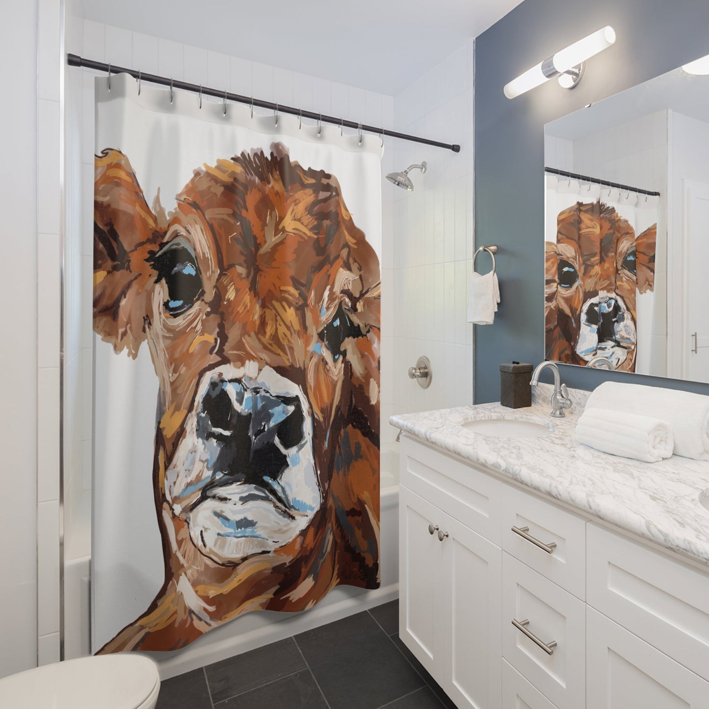 Rustic Cow Shower Curtain - Farmhouse Vibe for Animal Lovers - Blue Cava