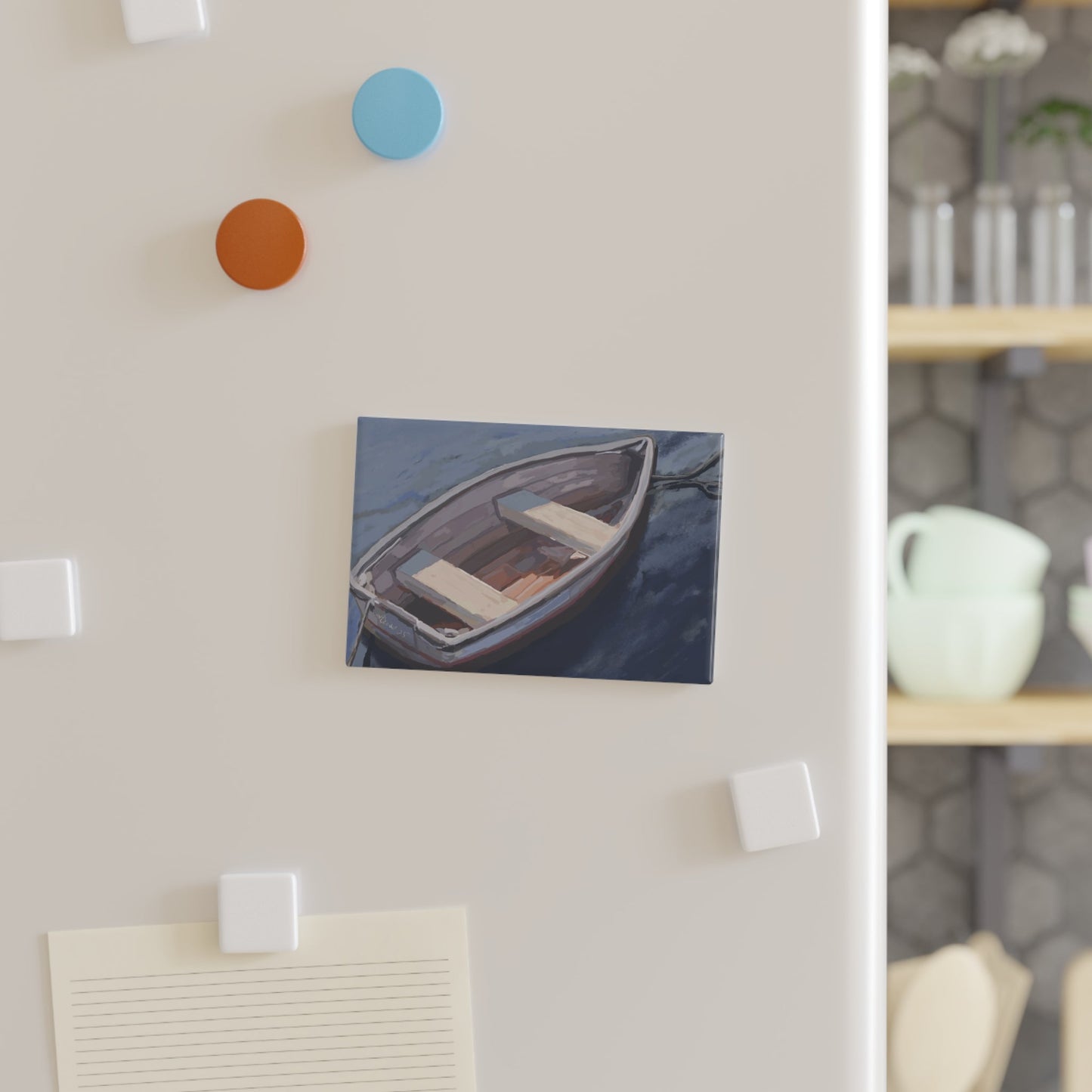 Rustic Row Boat Button Magnet | Nautical Kitchen Decor - Blue Cava