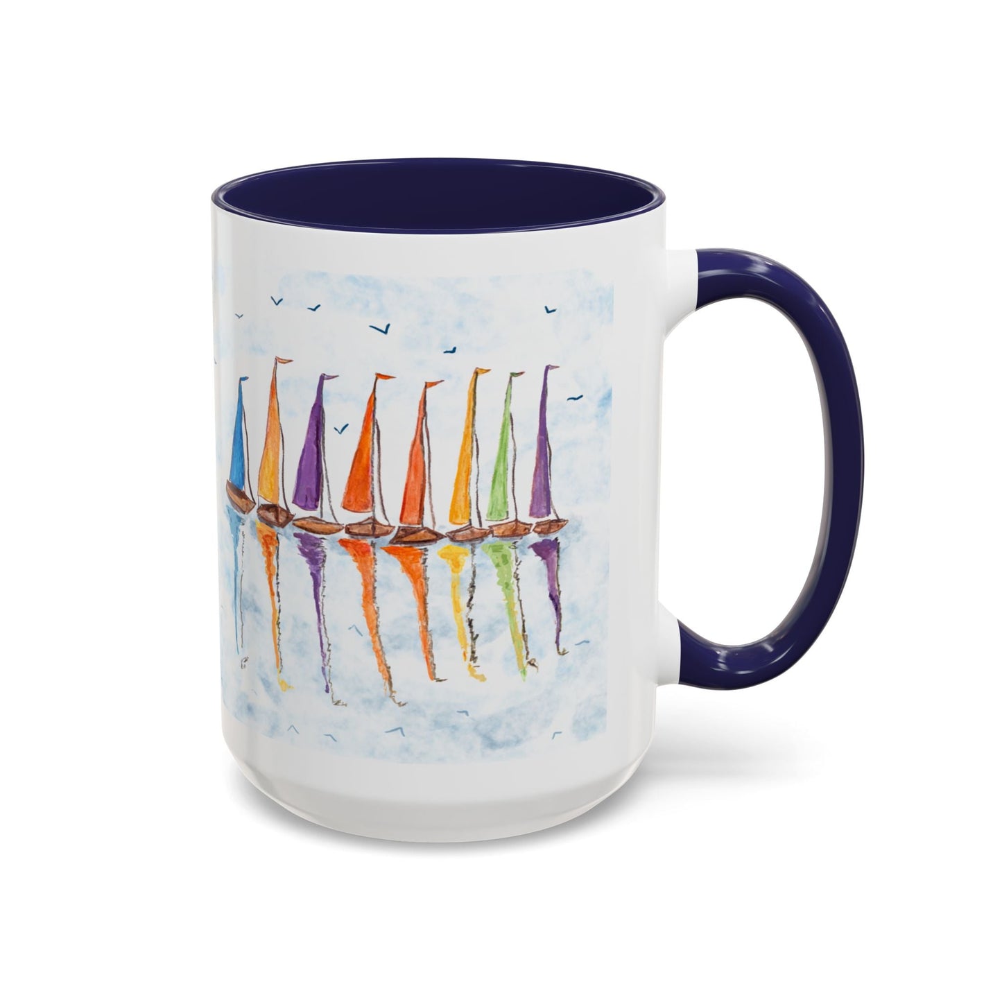 Sailboat Reflections Accent Coffee Mug (11oz + 15oz) - Blue Cava
