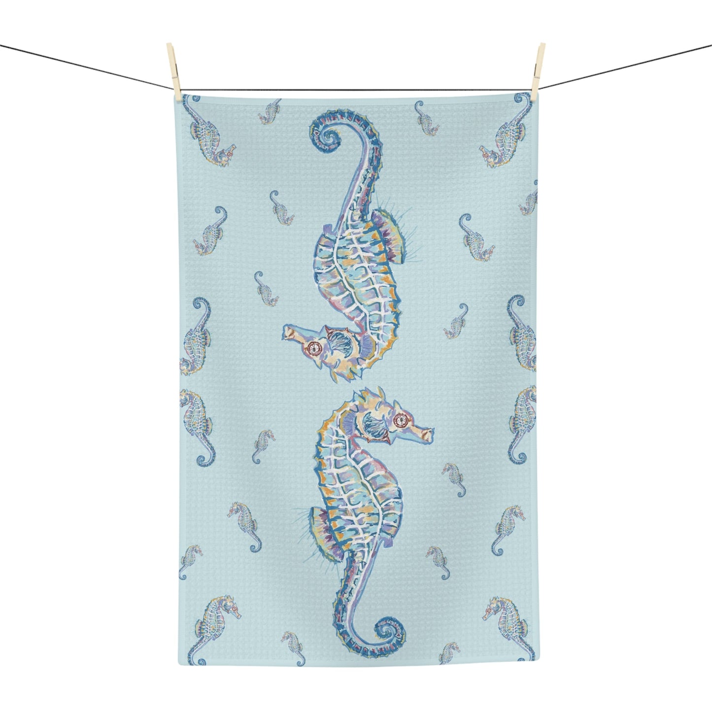 Seahorse Microfiber Waffle Towel - Nautical Kitchen Decor - Blue Cava