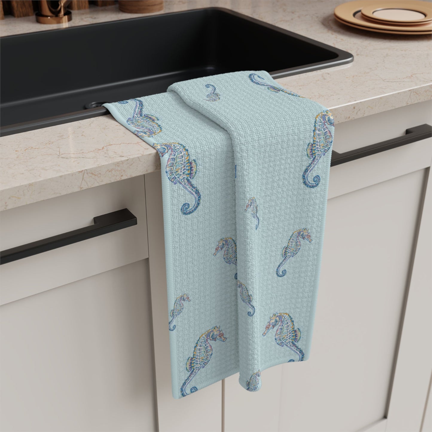 Seahorse Microfiber Waffle Towel - Nautical Kitchen Decor - Blue Cava
