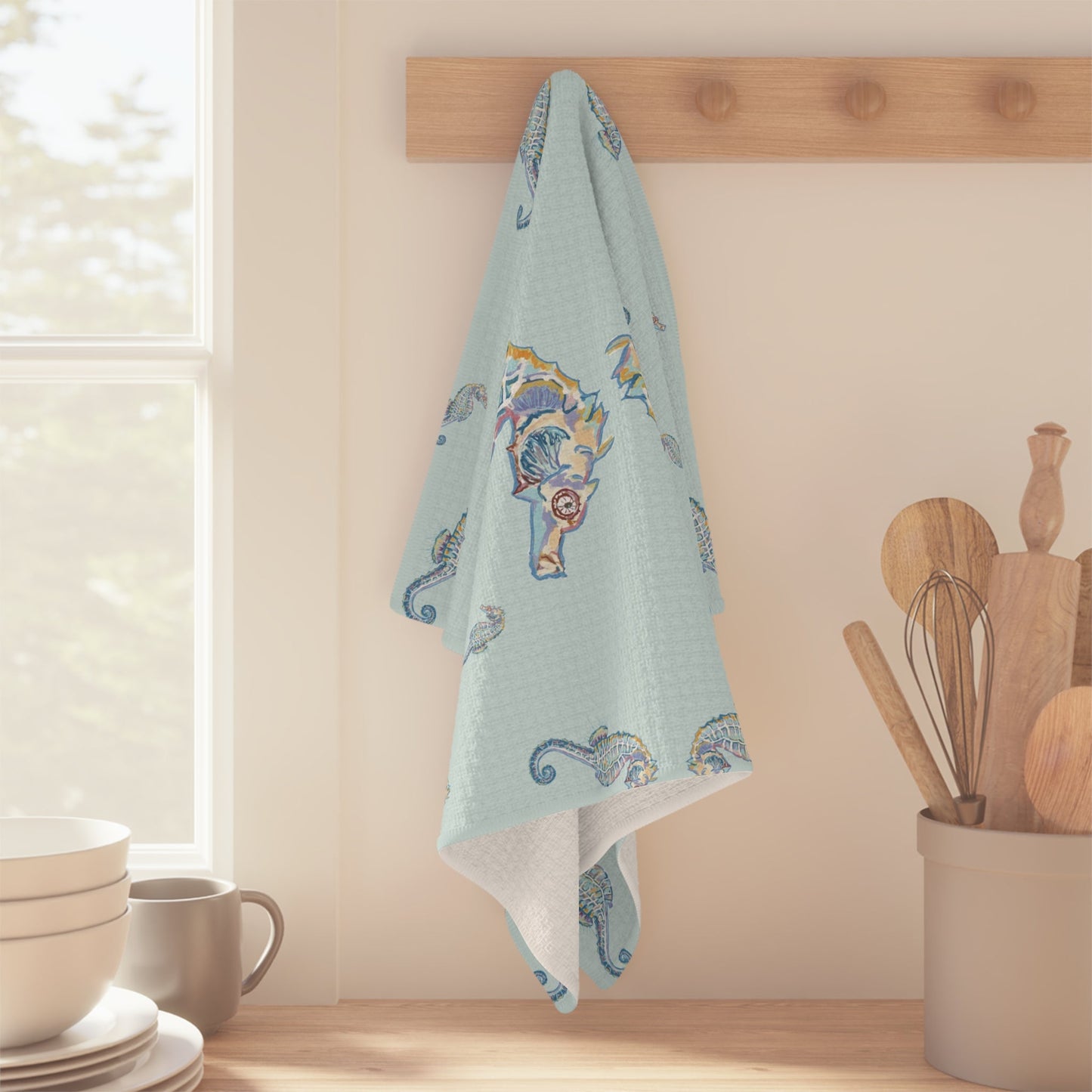 Seahorse Microfiber Waffle Towel - Nautical Kitchen Decor - Blue Cava