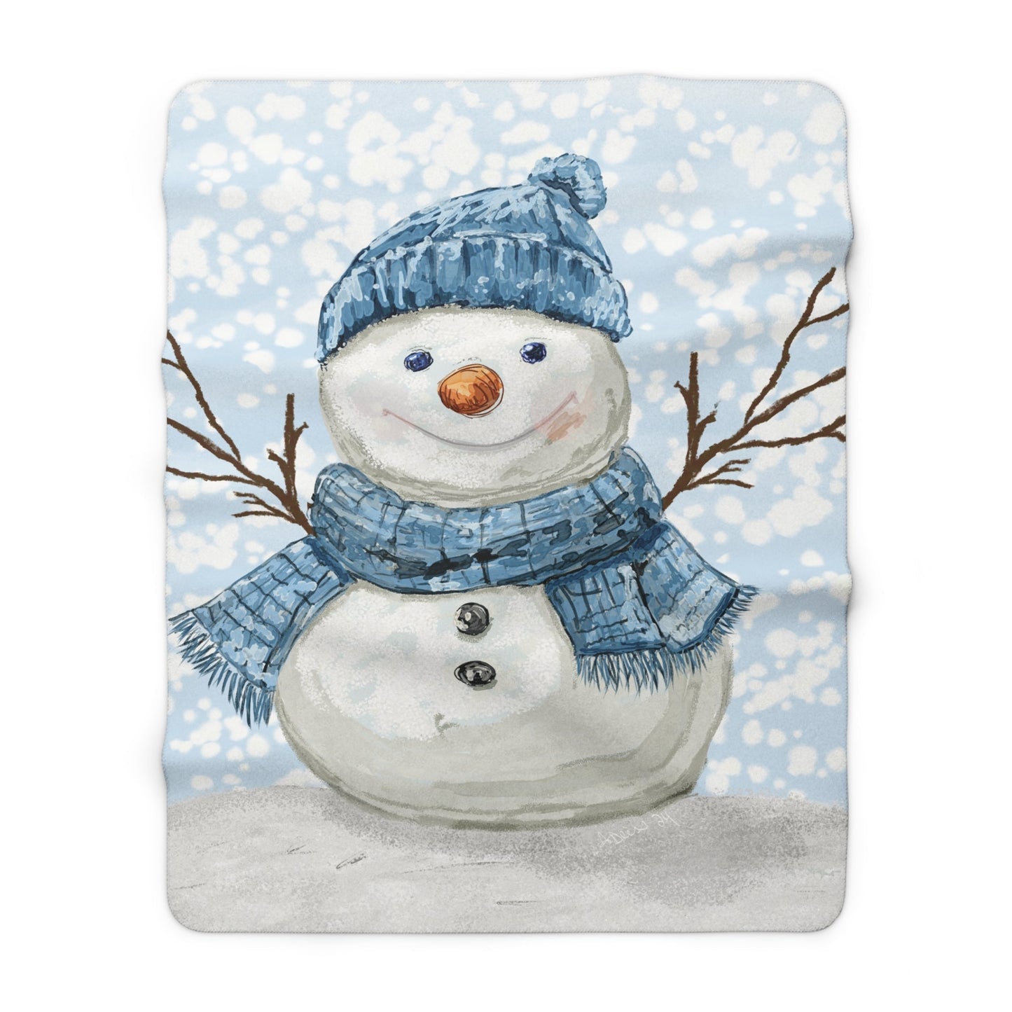 Snowman Sherpa Fleece Blanket, Winter Decor, Holiday Gift, Soft Plush Throw - Blue Cava