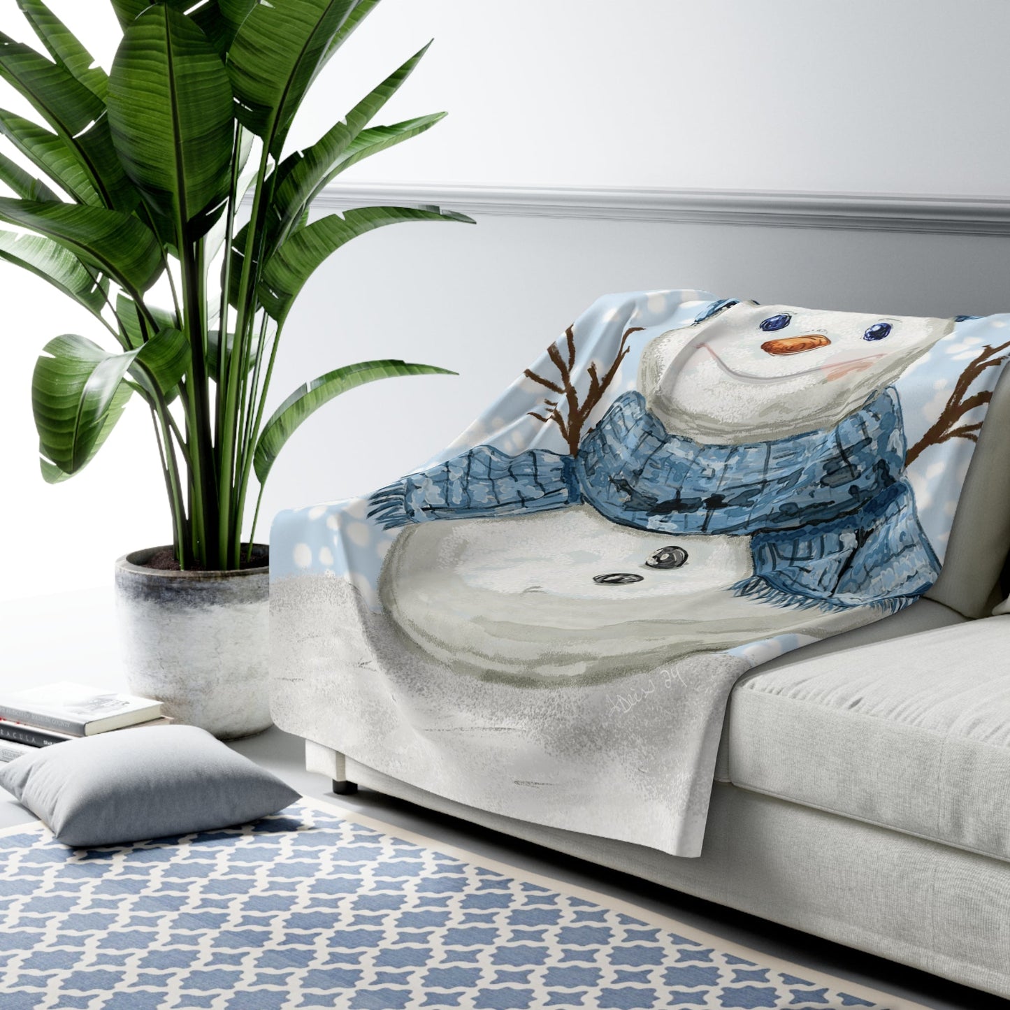 Snowman Sherpa Fleece Blanket, Winter Decor, Holiday Gift, Soft Plush Throw - Blue Cava