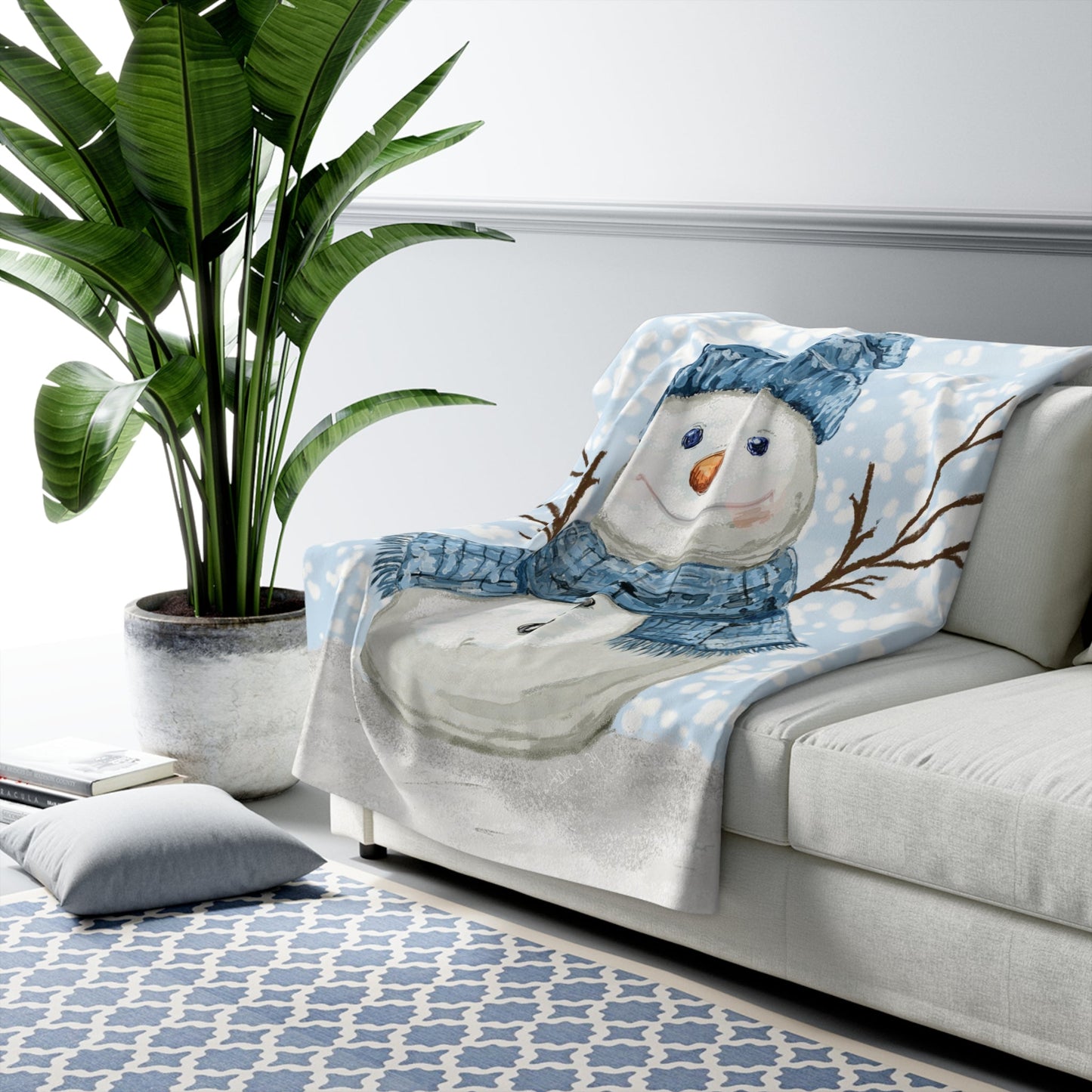 Snowman Sherpa Fleece Blanket, Winter Decor, Holiday Gift, Soft Plush Throw - Blue Cava