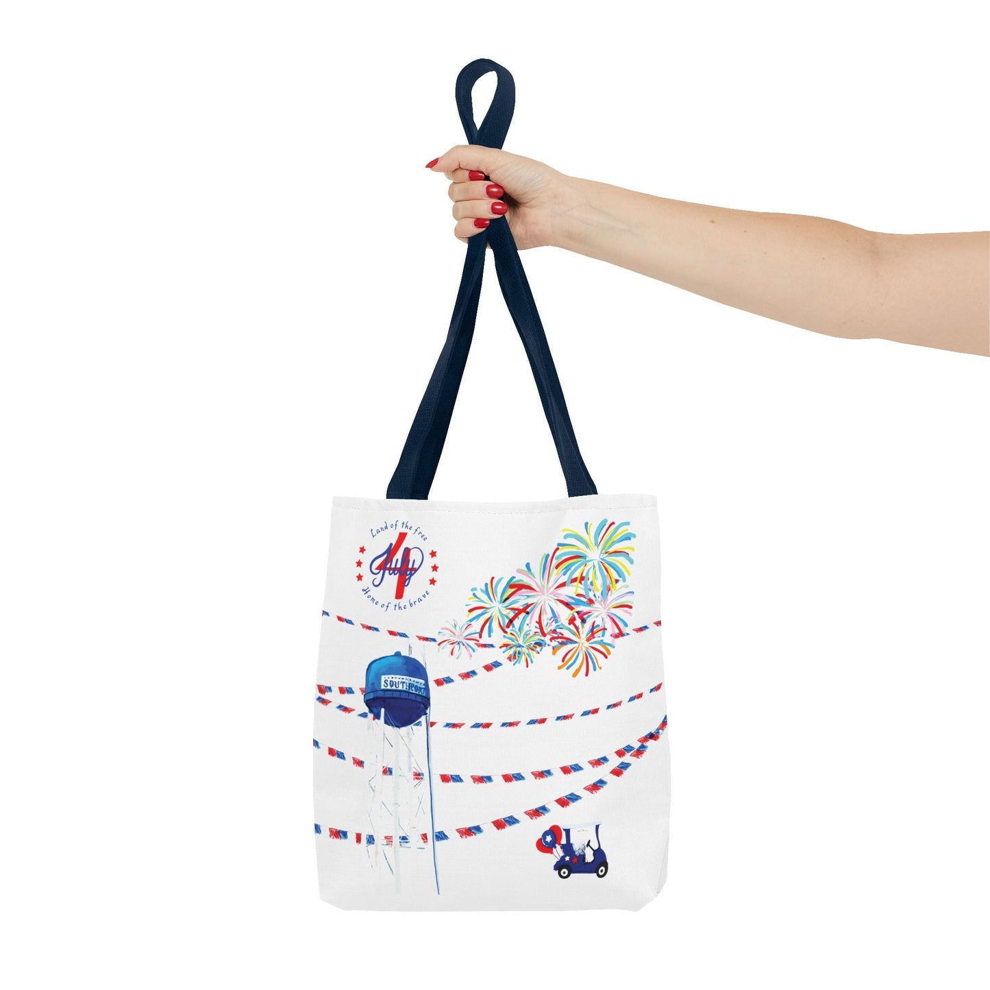 Southport NC July 4th Celebrations Tote Bag With Colored Handles - Blue Cava