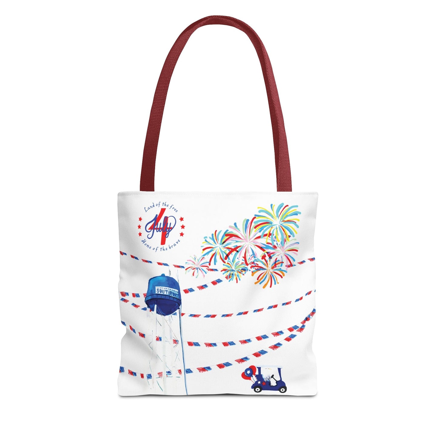 Southport NC July 4th Celebrations Tote Bag With Colored Handles - Blue Cava