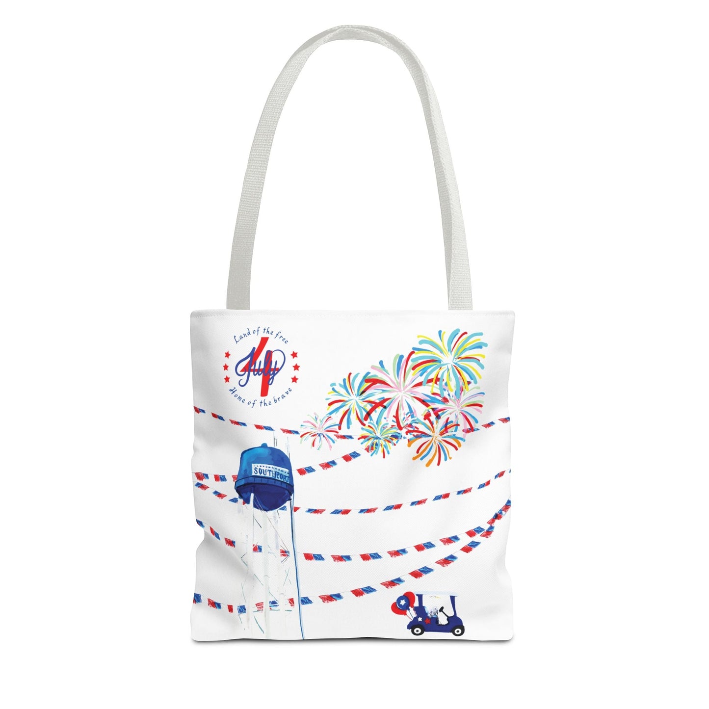 Southport NC July 4th Celebrations Tote Bag With Colored Handles - Blue Cava