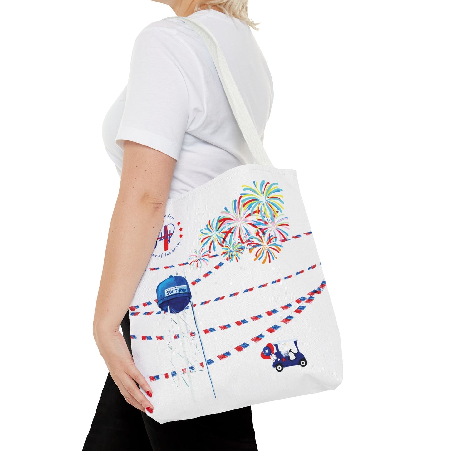Southport NC July 4th Celebrations Tote Bag With Colored Handles - Blue Cava