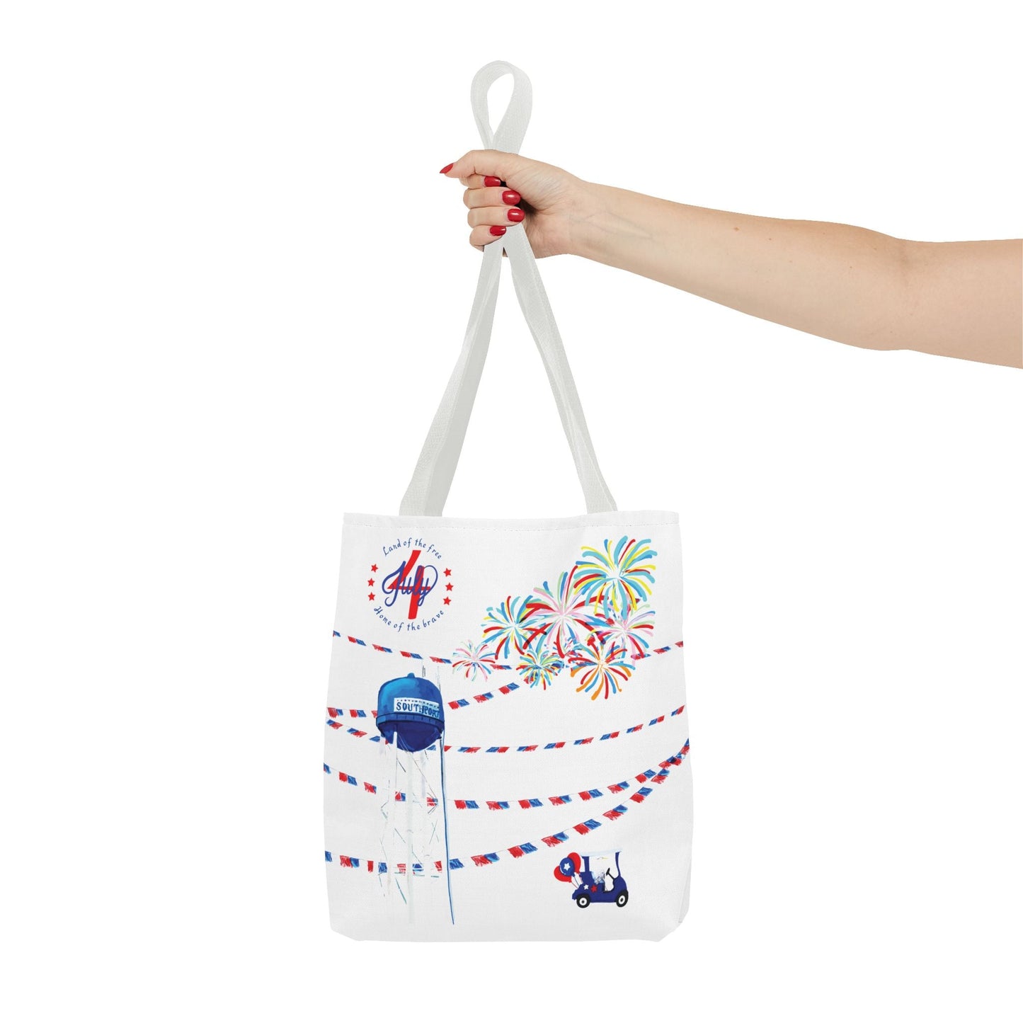 Southport NC July 4th Celebrations Tote Bag With Colored Handles - Blue Cava