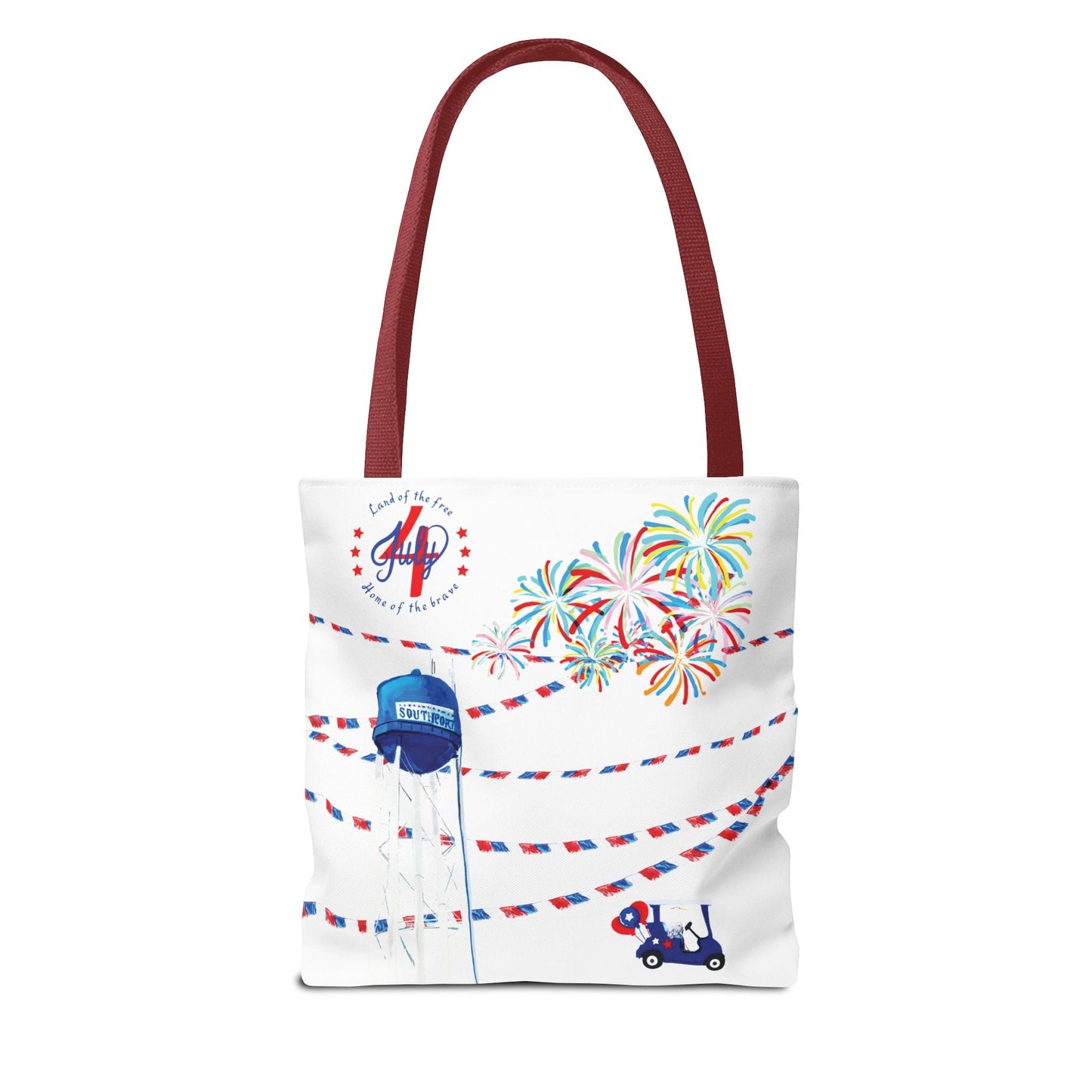 Southport NC July 4th Celebrations Tote Bag With Colored Handles - Blue Cava