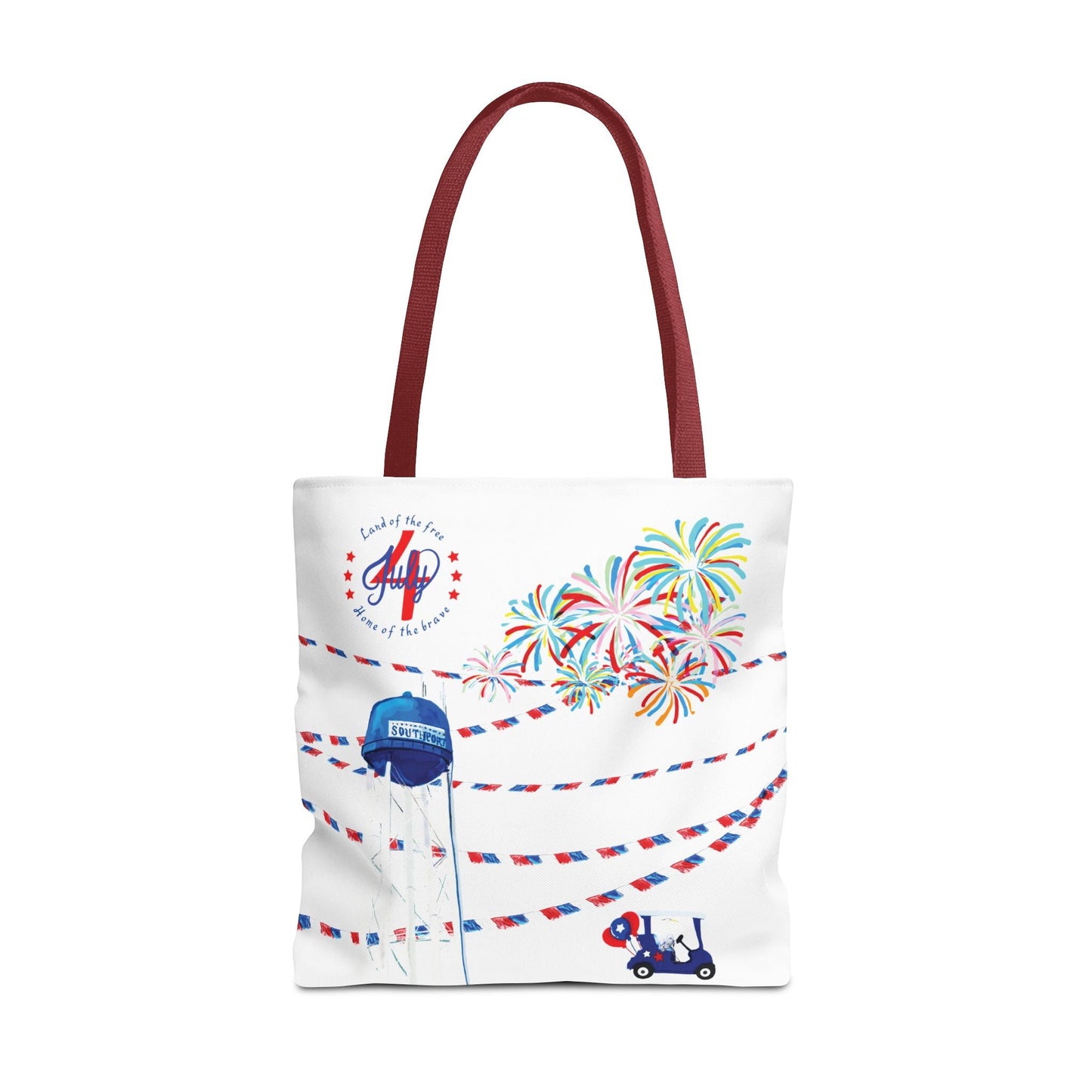 Southport NC July 4th Celebrations Tote Bag With Colored Handles - Blue Cava
