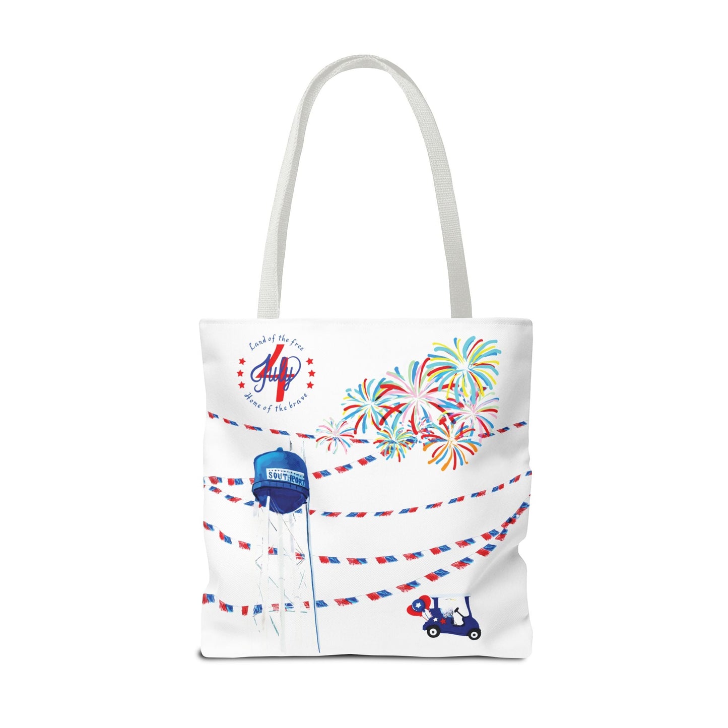 Southport NC July 4th Celebrations Tote Bag With Colored Handles - Blue Cava