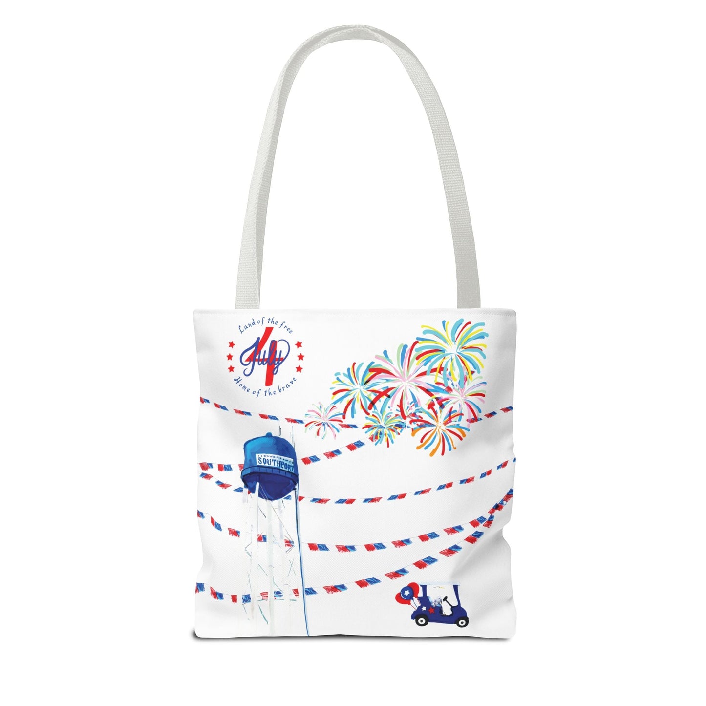 Southport NC July 4th Celebrations Tote Bag With Colored Handles - Blue Cava