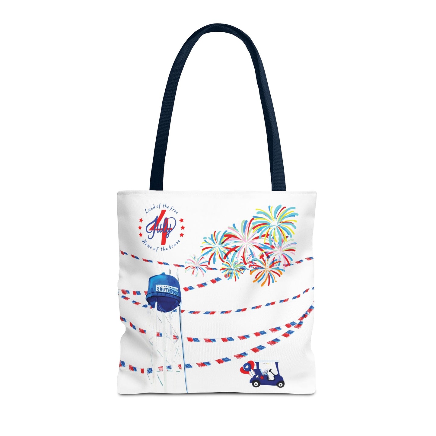 Southport NC July 4th Celebrations Tote Bag With Colored Handles - Blue Cava
