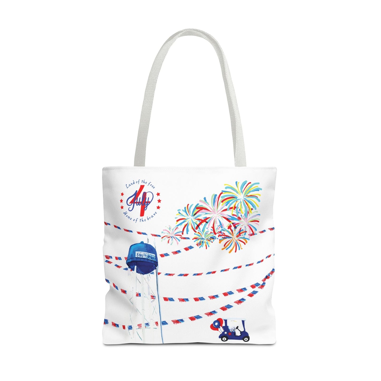 Southport NC July 4th Celebrations Tote Bag With Colored Handles - Blue Cava