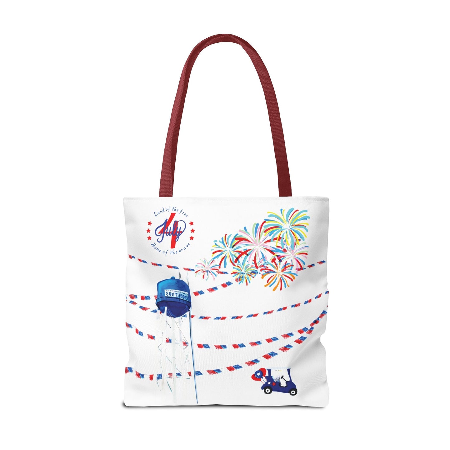 Southport NC July 4th Celebrations Tote Bag With Colored Handles - Blue Cava