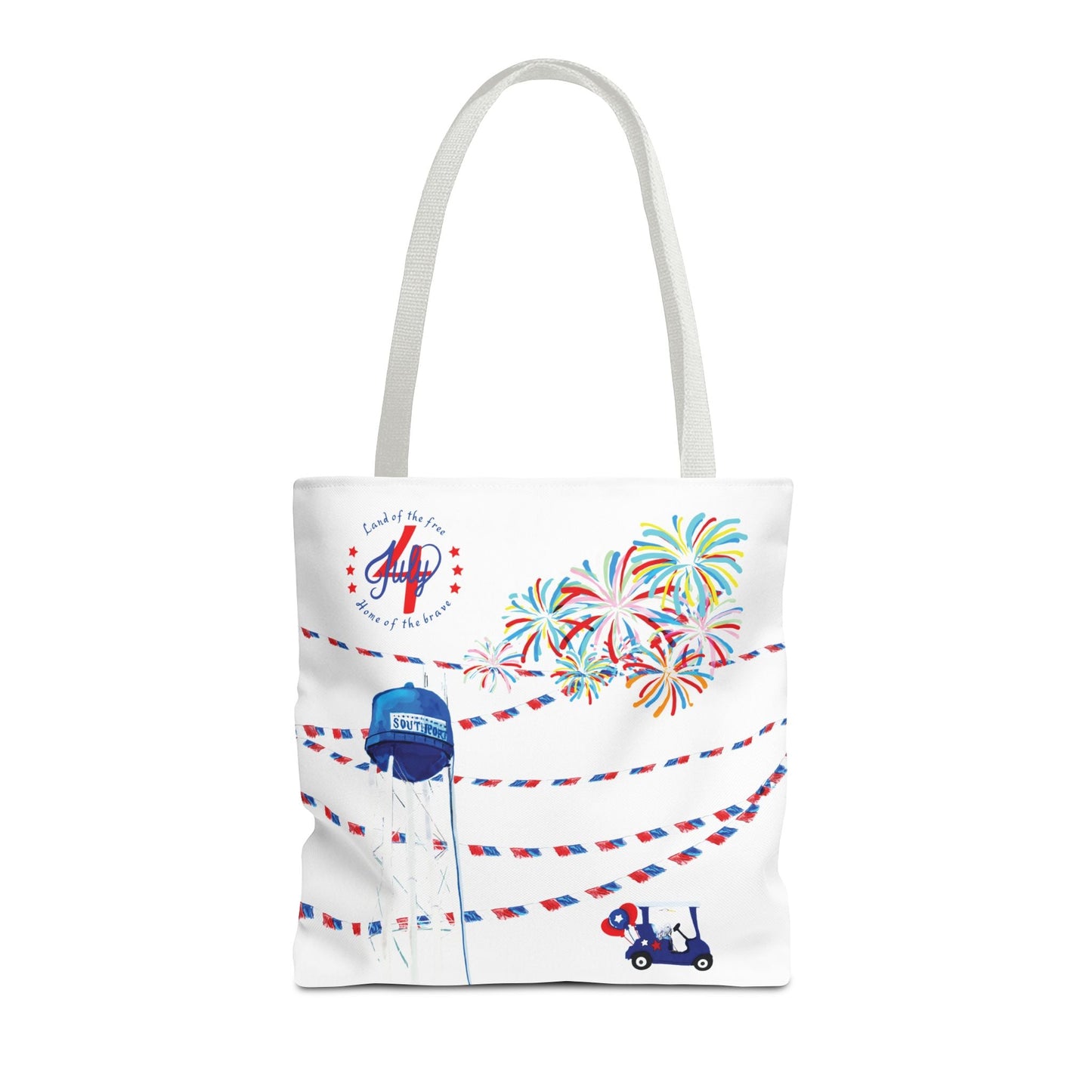 Southport NC July 4th Celebrations Tote Bag With Colored Handles - Blue Cava