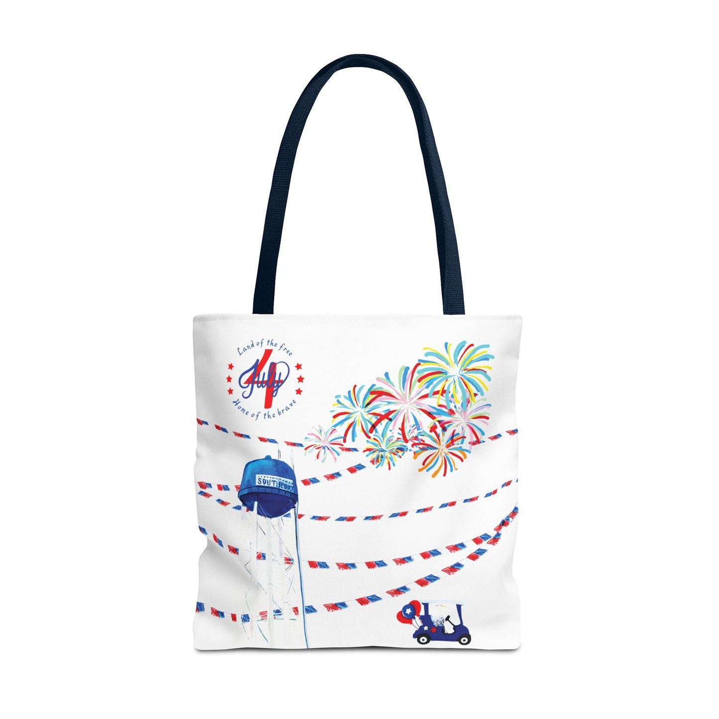 Southport NC July 4th Celebrations Tote Bag With Colored Handles - Blue Cava