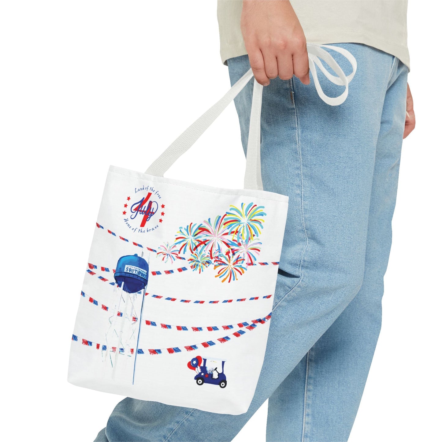 Southport NC July 4th Celebrations Tote Bag With Colored Handles - Blue Cava