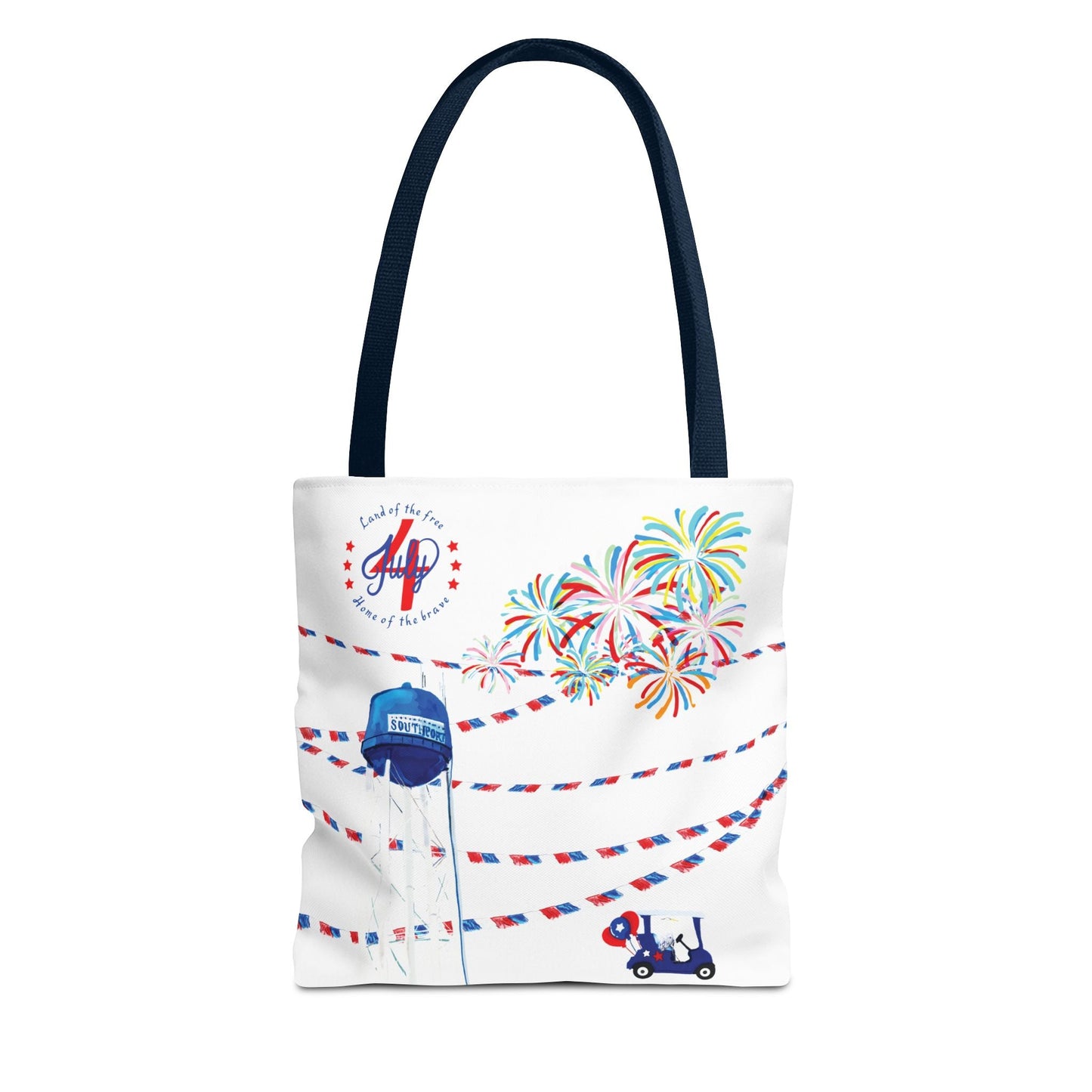 Southport NC July 4th Celebrations Tote Bag With Colored Handles - Blue Cava