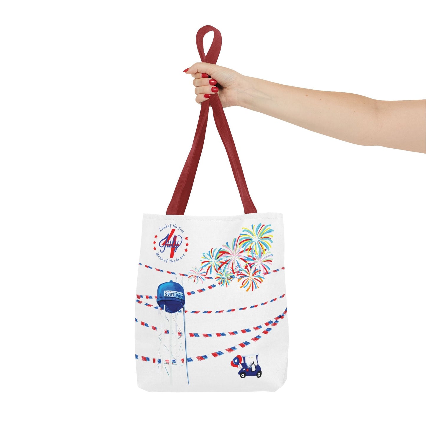 Southport NC July 4th Celebrations Tote Bag With Colored Handles - Blue Cava