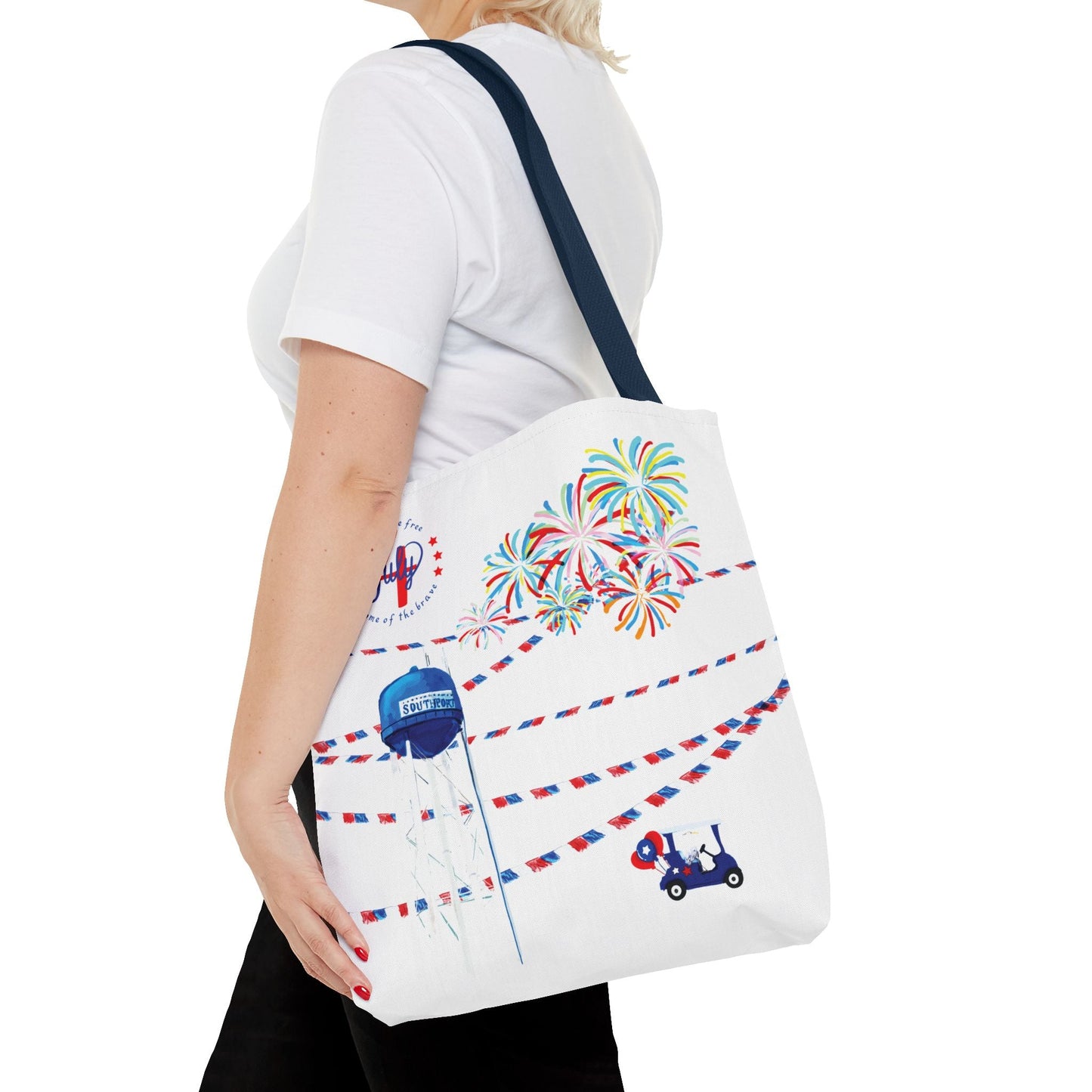 Southport NC July 4th Celebrations Tote Bag With Colored Handles - Blue Cava