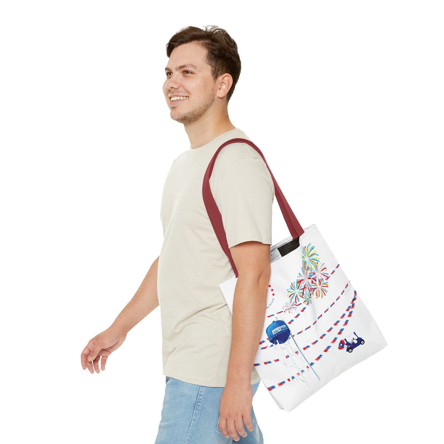 Southport NC July 4th Celebrations Tote Bag With Colored Handles - Blue Cava