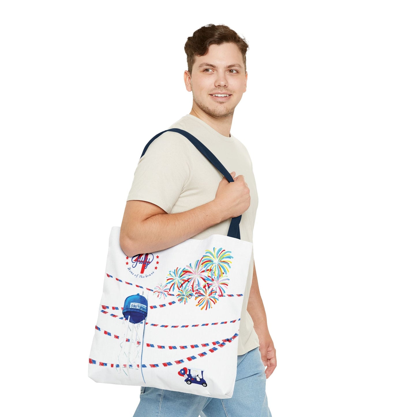 Southport NC July 4th Celebrations Tote Bag With Colored Handles - Blue Cava