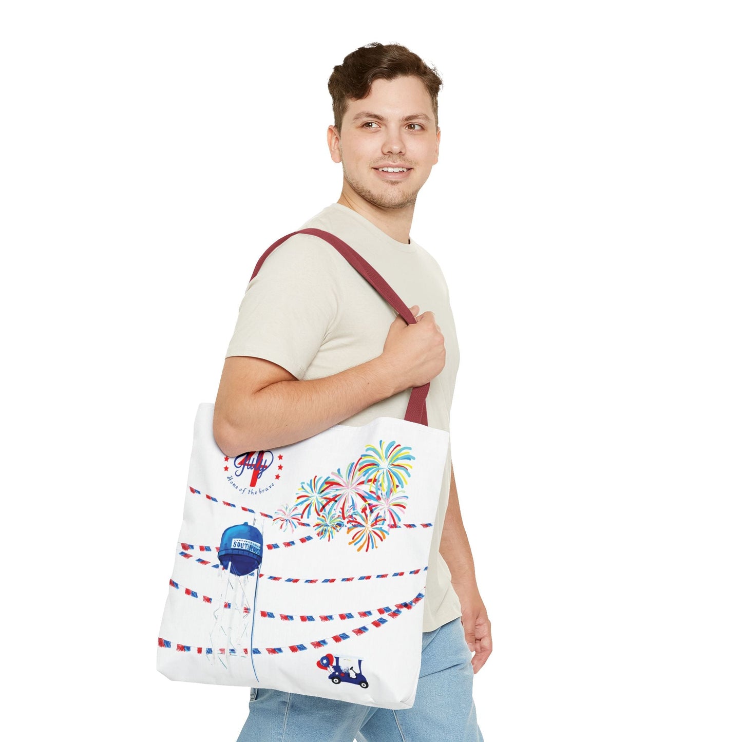 Southport NC July 4th Celebrations Tote Bag With Colored Handles - Blue Cava