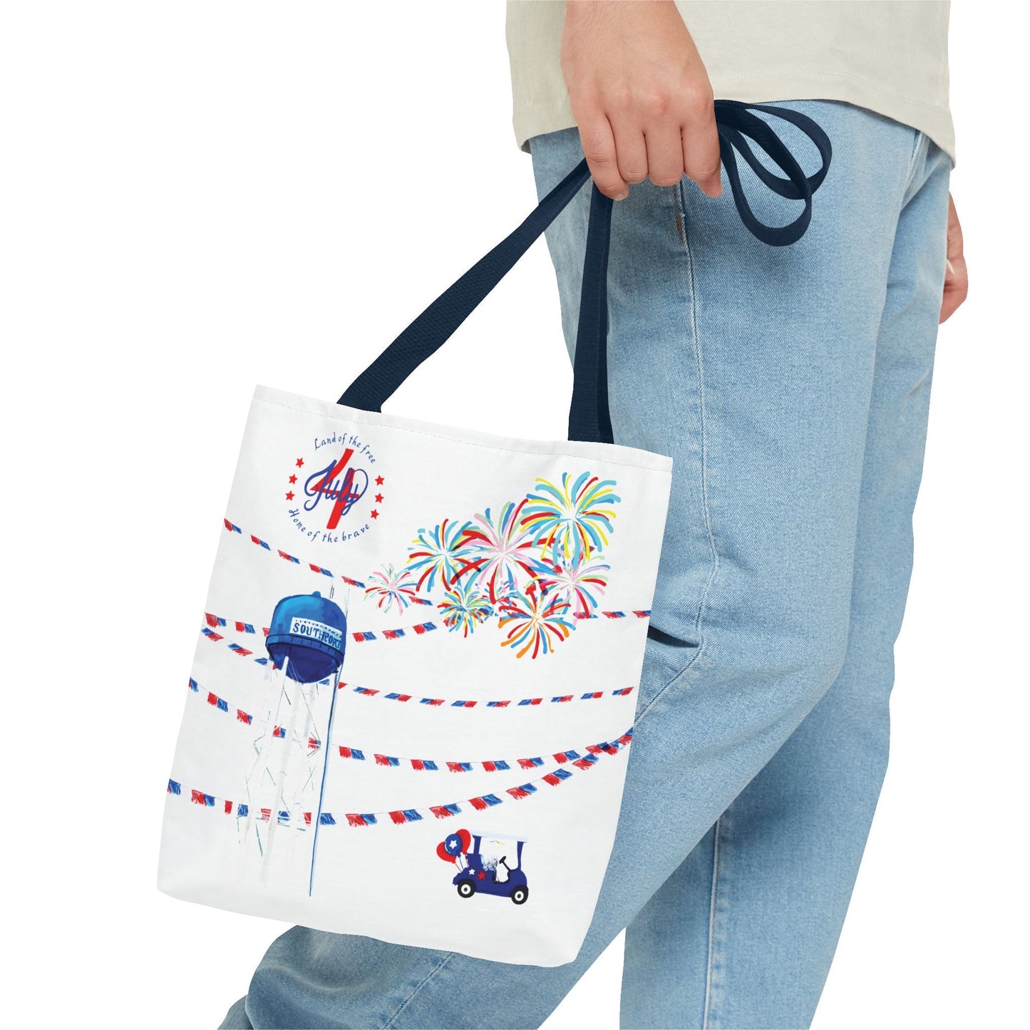 Southport NC July 4th Celebrations Tote Bag With Colored Handles - Blue Cava
