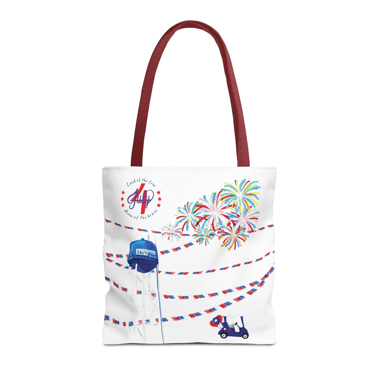 Southport NC July 4th Celebrations Tote Bag With Colored Handles - Blue Cava