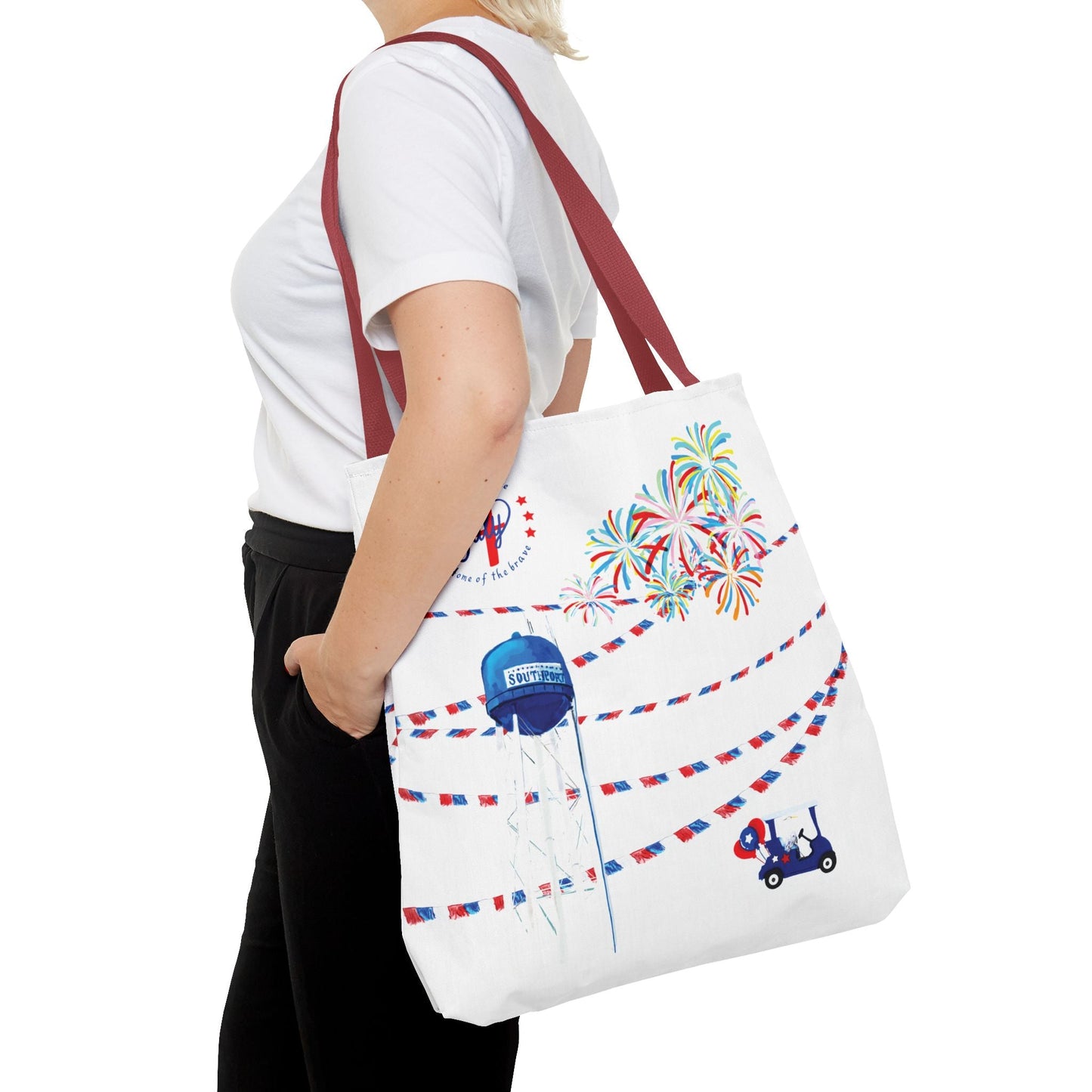 Southport NC July 4th Celebrations Tote Bag With Colored Handles - Blue Cava